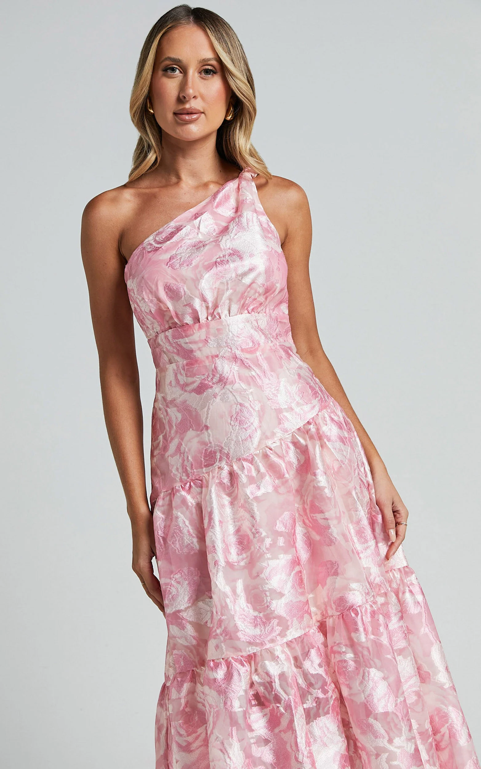 Lettie Midi Dress - One Shoulder Tiered Dress in Blurred Rose