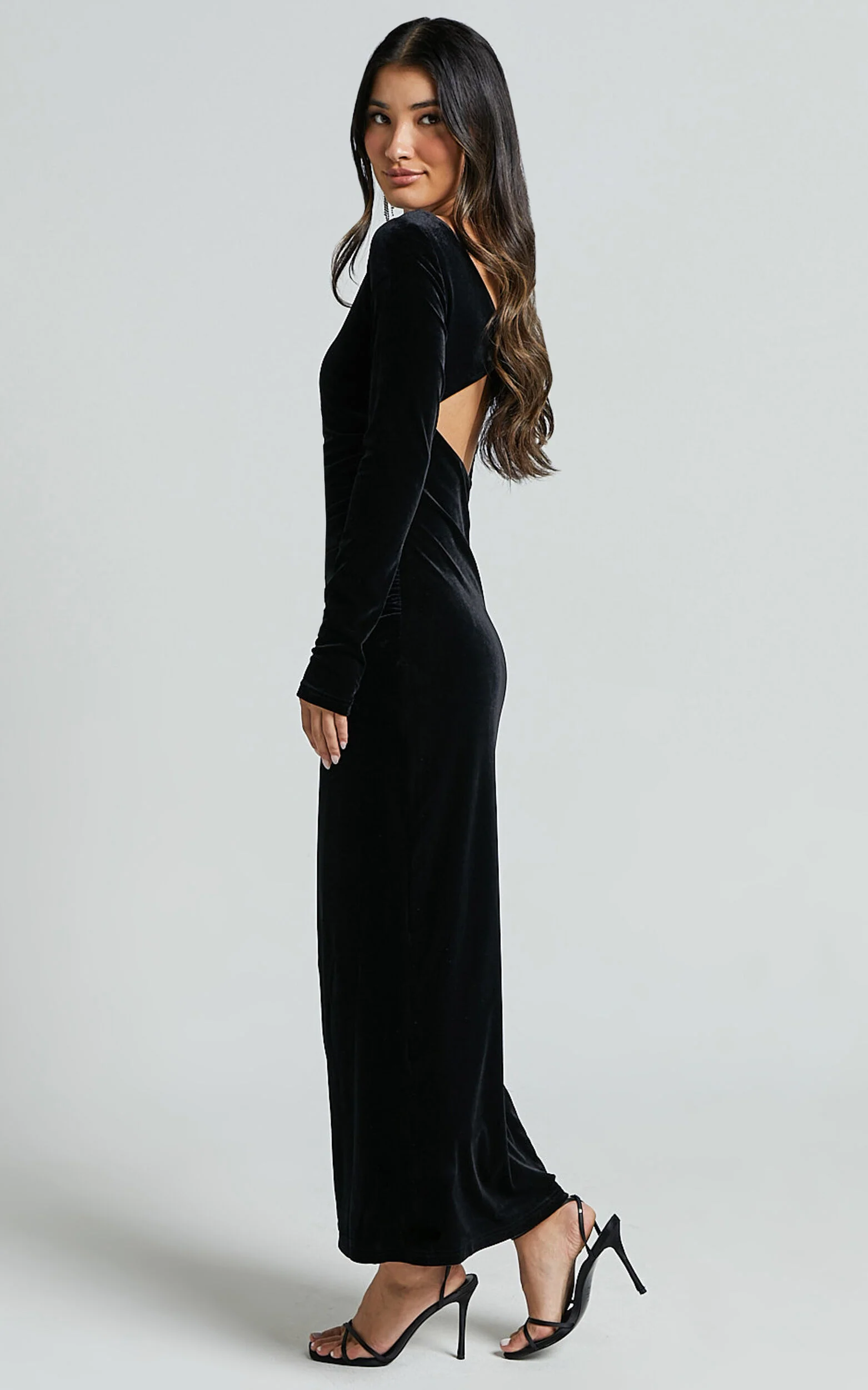 Mirabelle Midi Dress - Long Sleeve Back Cut Out Ruched Velvet Dress in Black