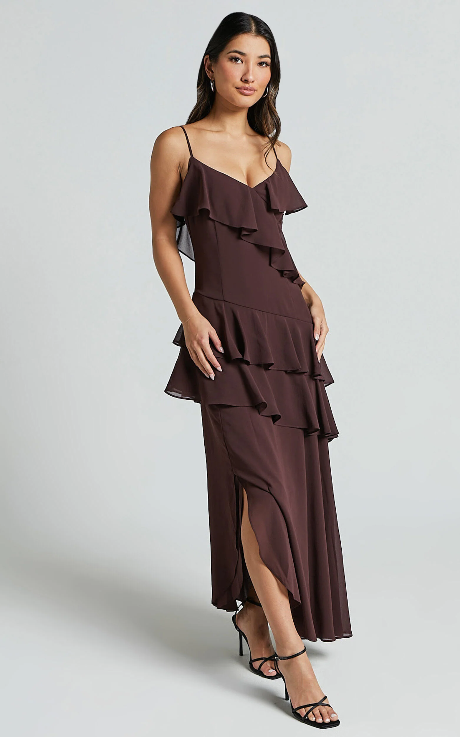 Emily Midi Dress - Strappy Asymmetric Ruffle Dress in Chocolate