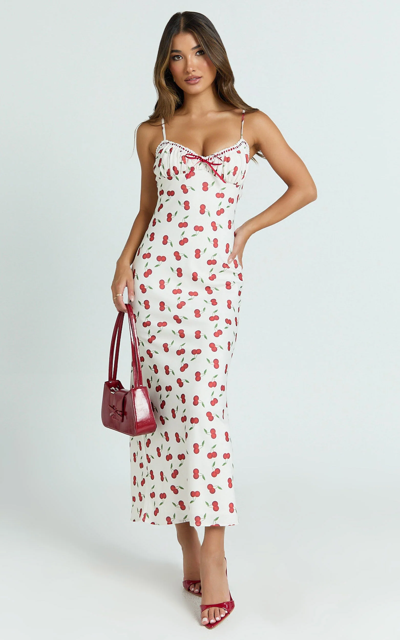 Bailey Midi Dress - Recycled Cherry Print Lace Trim Bias Cut Slip Dress in Blushing Cherries Print