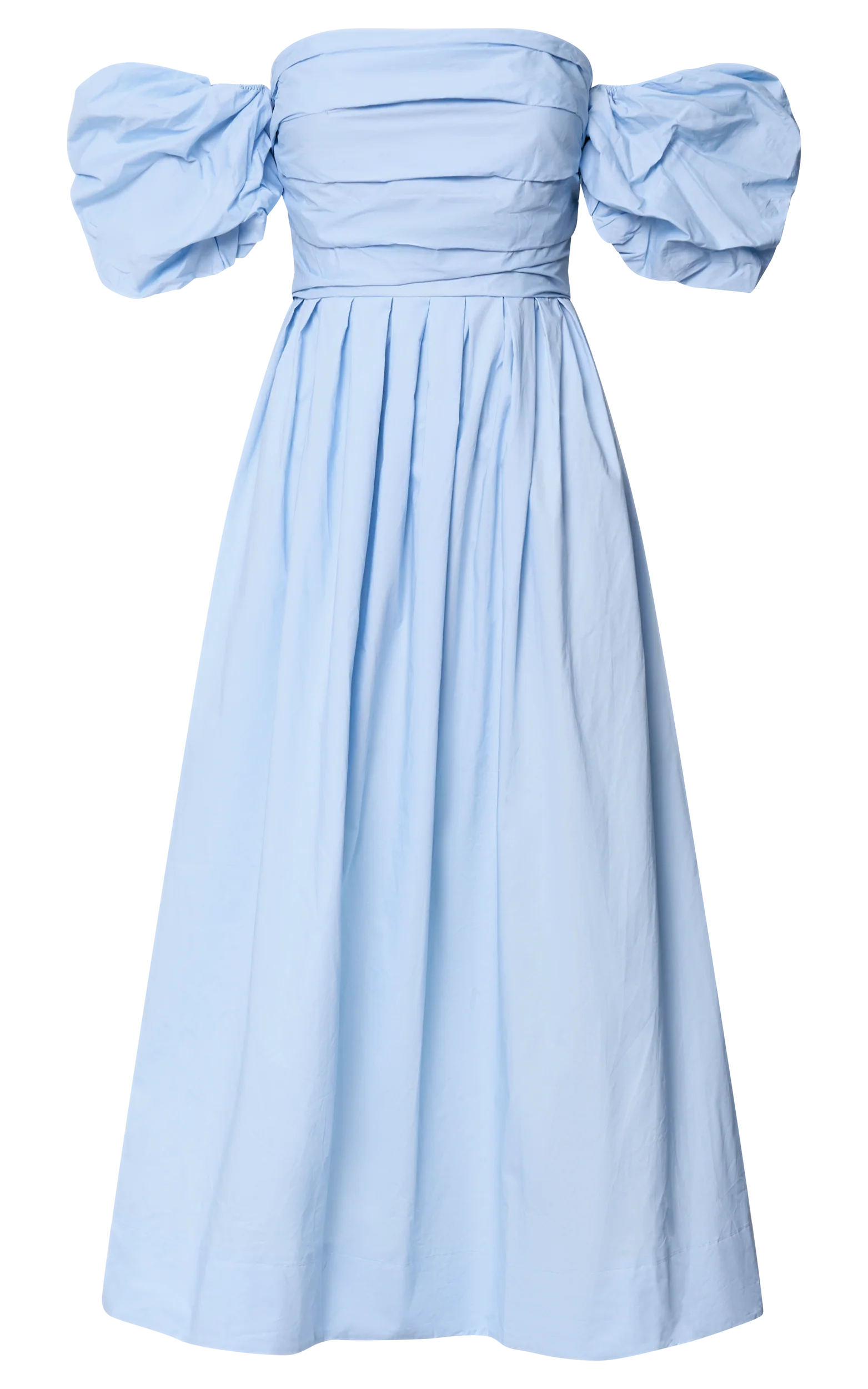 Annie Midi Dress - Off The Shoulder Ruffle Sleeve Pleated Dress in Pale Blue