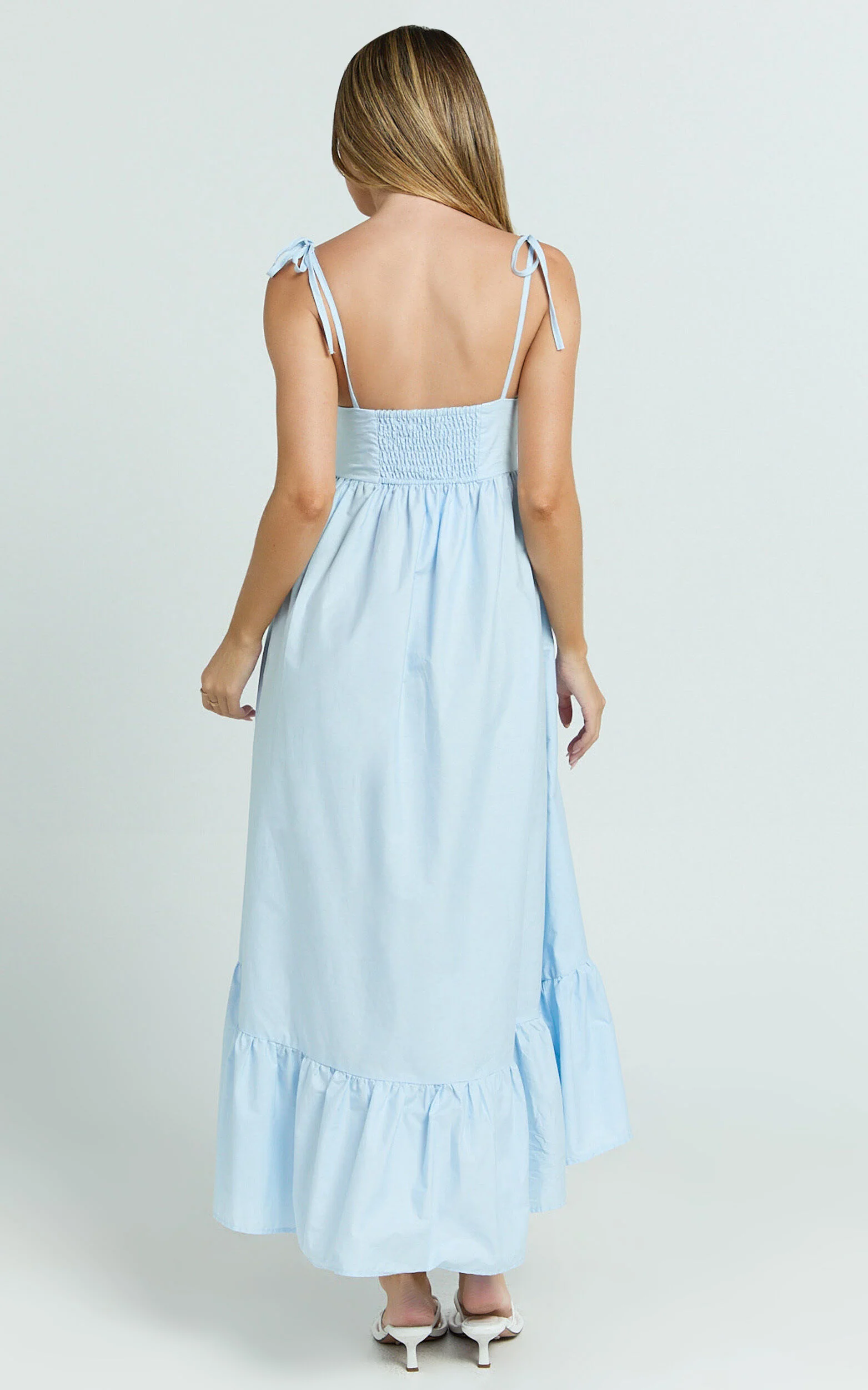 Aveiro Midi Dress - Straight Neck Shoulder Tie High Low Ruffle Hem in Soft Blue