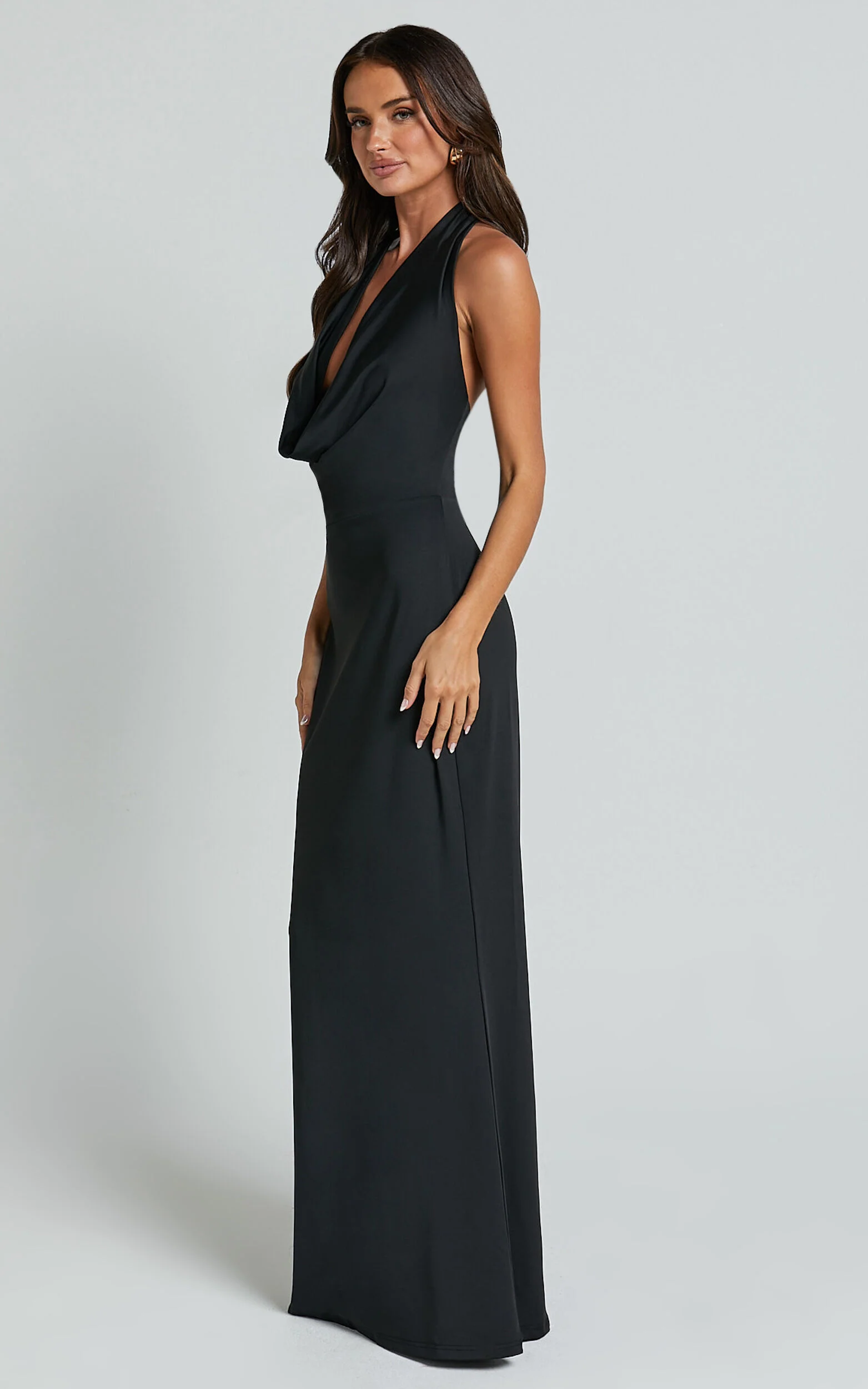 Sylvana Maxi Dress - Cowl Halter Neck Bodycon Dress in Black