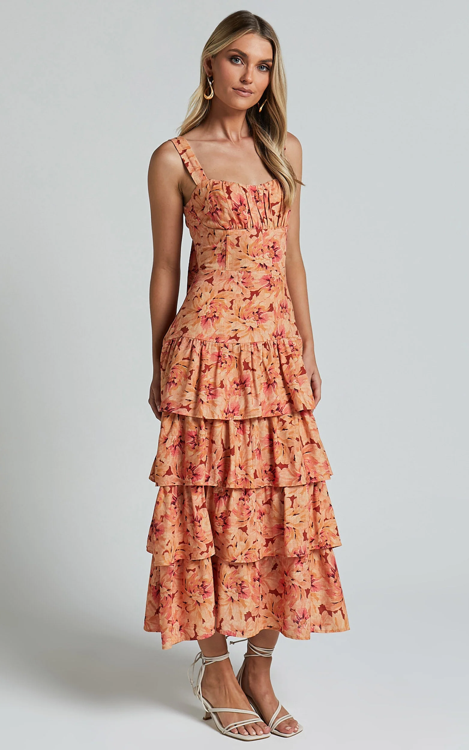 Amalie The Label - Adela Linen Look Blend Tiered Midi Dress in Valencia Print