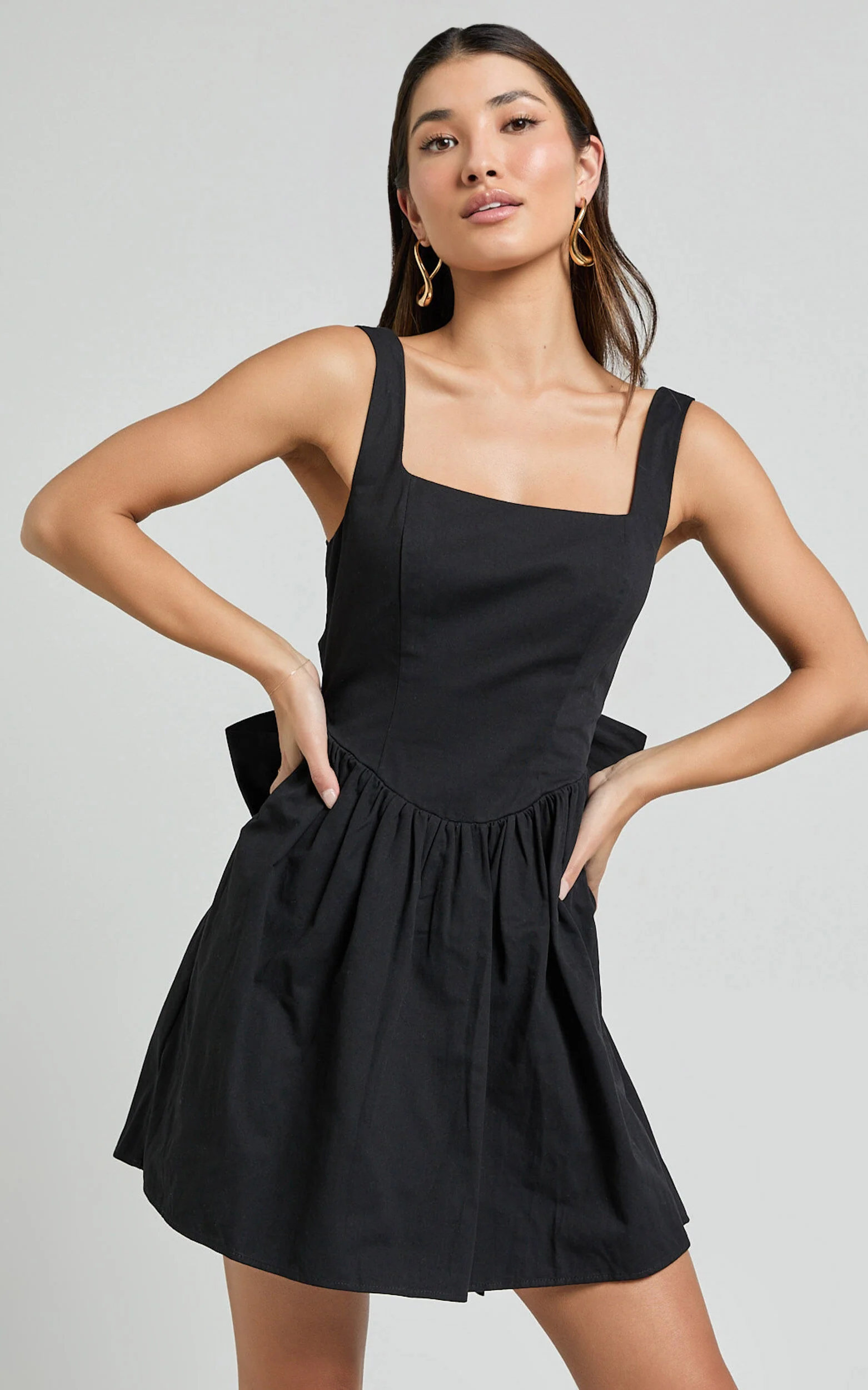 Vanny Mini Dress - Square Neck Tie Back Dress in Black