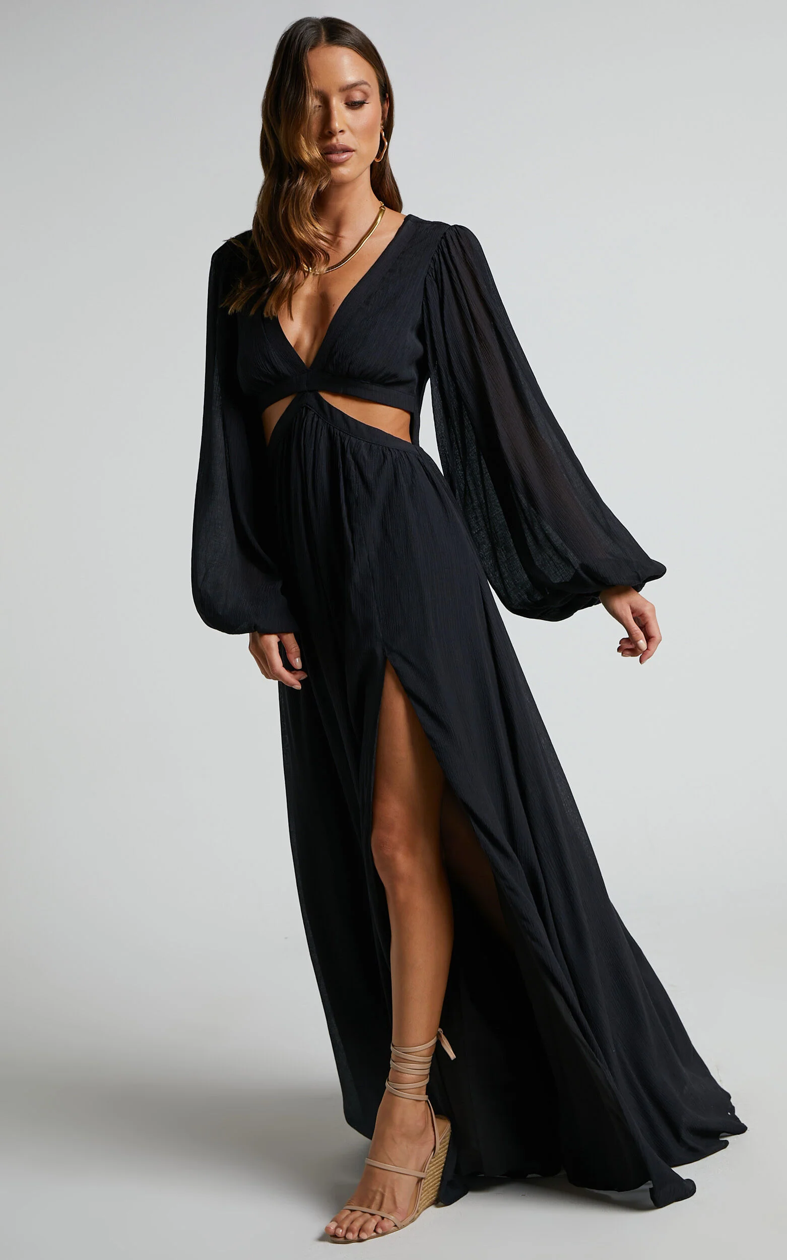 Paige Maxi Dress - Side Cut Out Balloon Sleeve Dress in Black