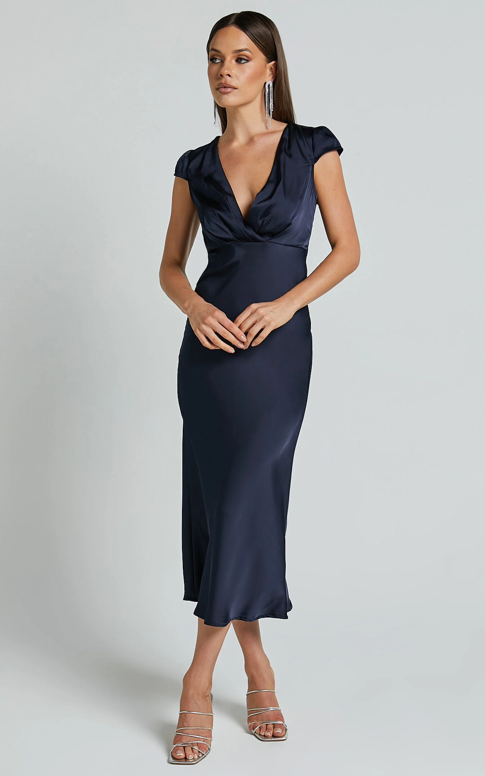 Marleen Midi Dress - Wrap Front Cap Sleeve Satin Bias Cut Dress in Midnight Blue