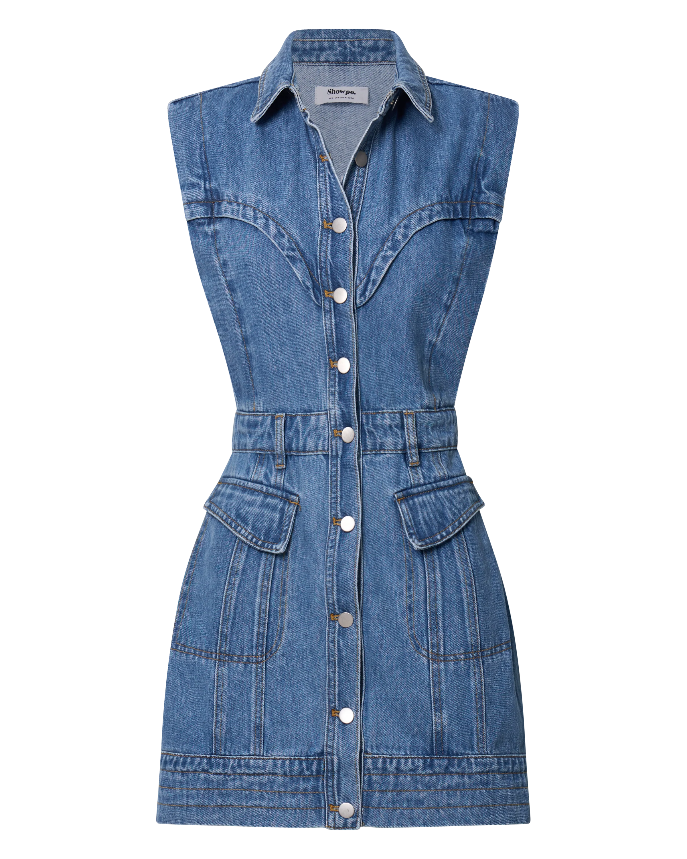 Jasse Mini Dress - Button Through Denim Dress in Mid Blue Wash