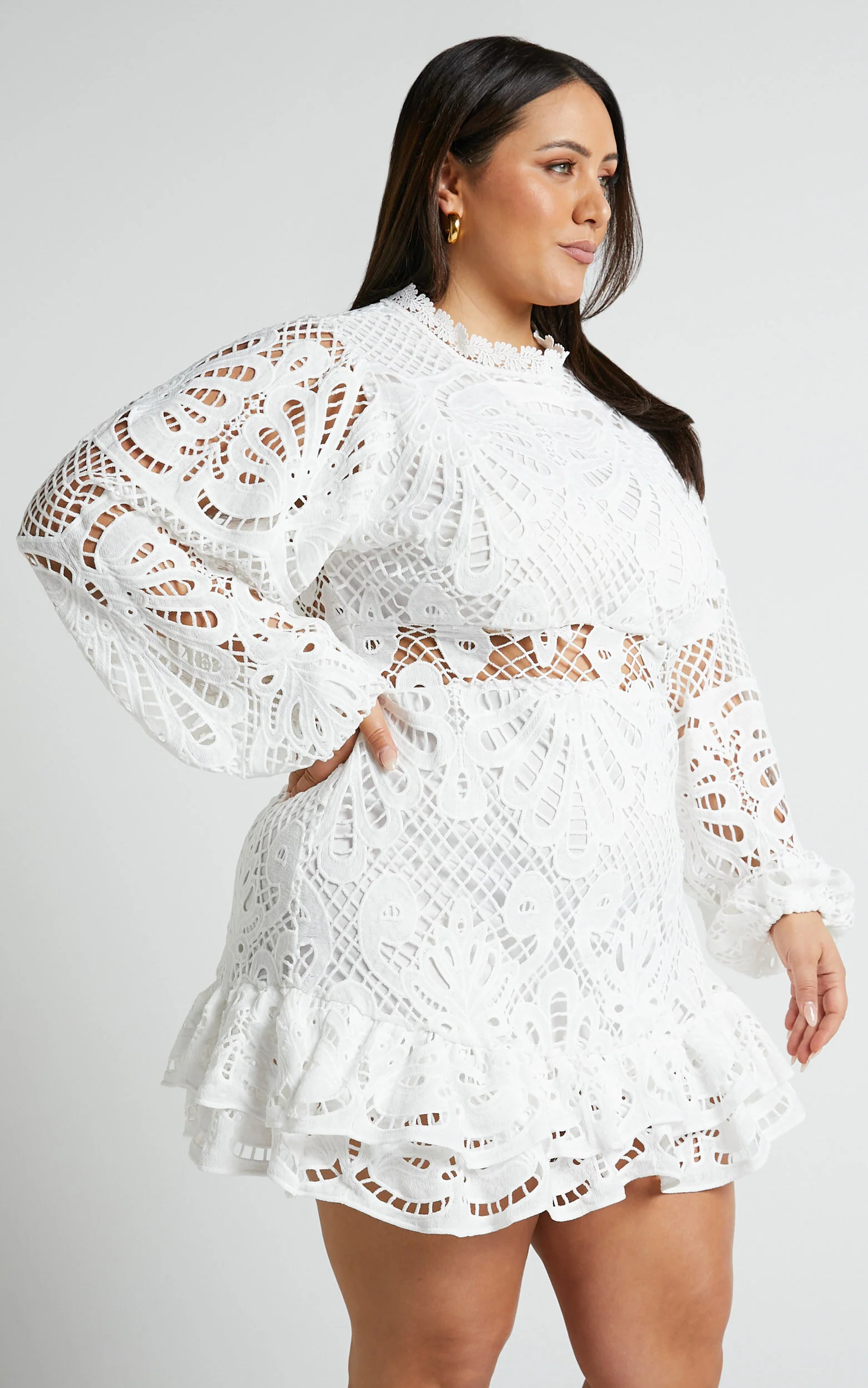 Kiss Me Now Mini Dress - Long Puff Sleeve Dress in White Lace