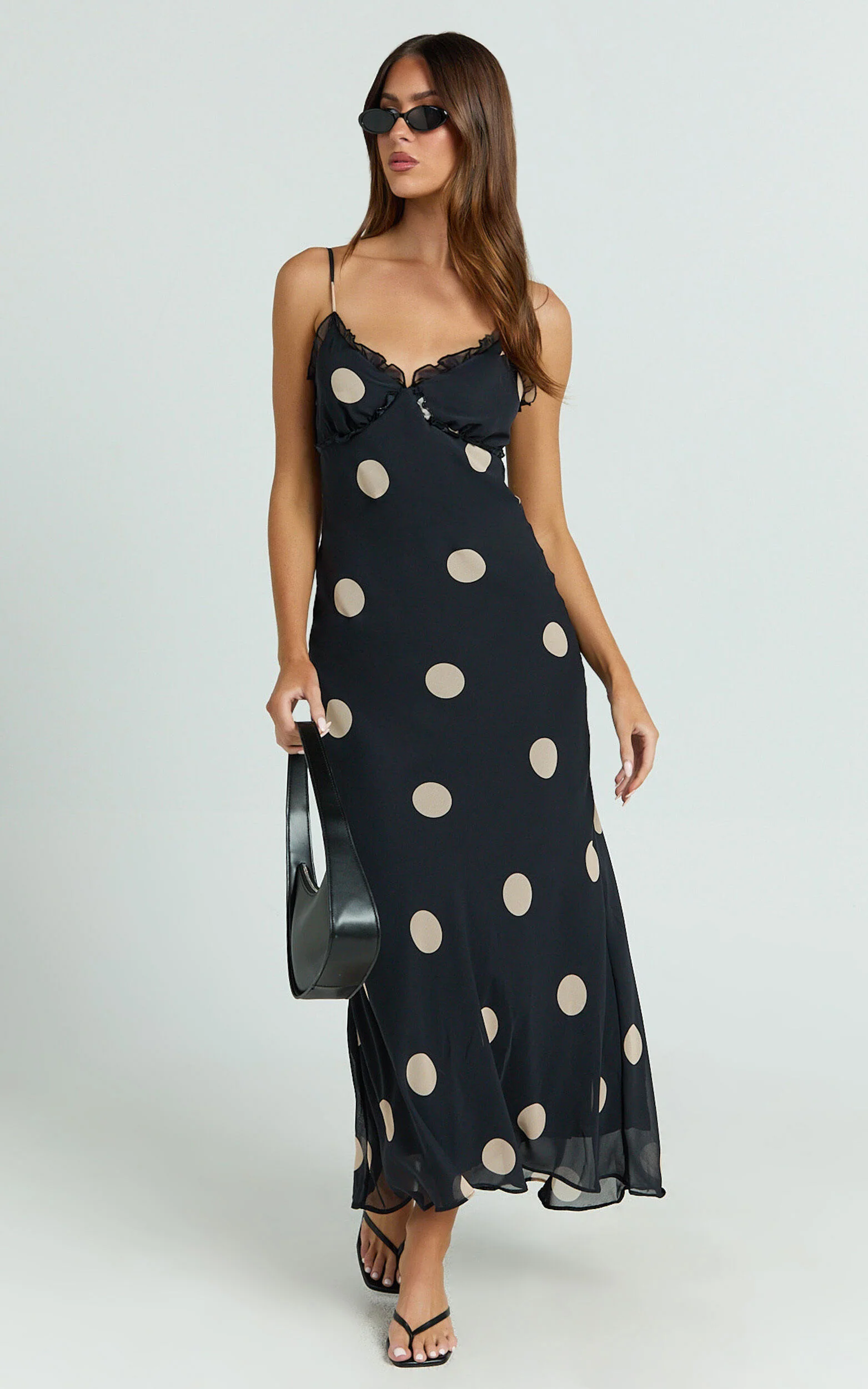 Analy Midi Dress - V Neck Mesh Dress in Black Polkadot