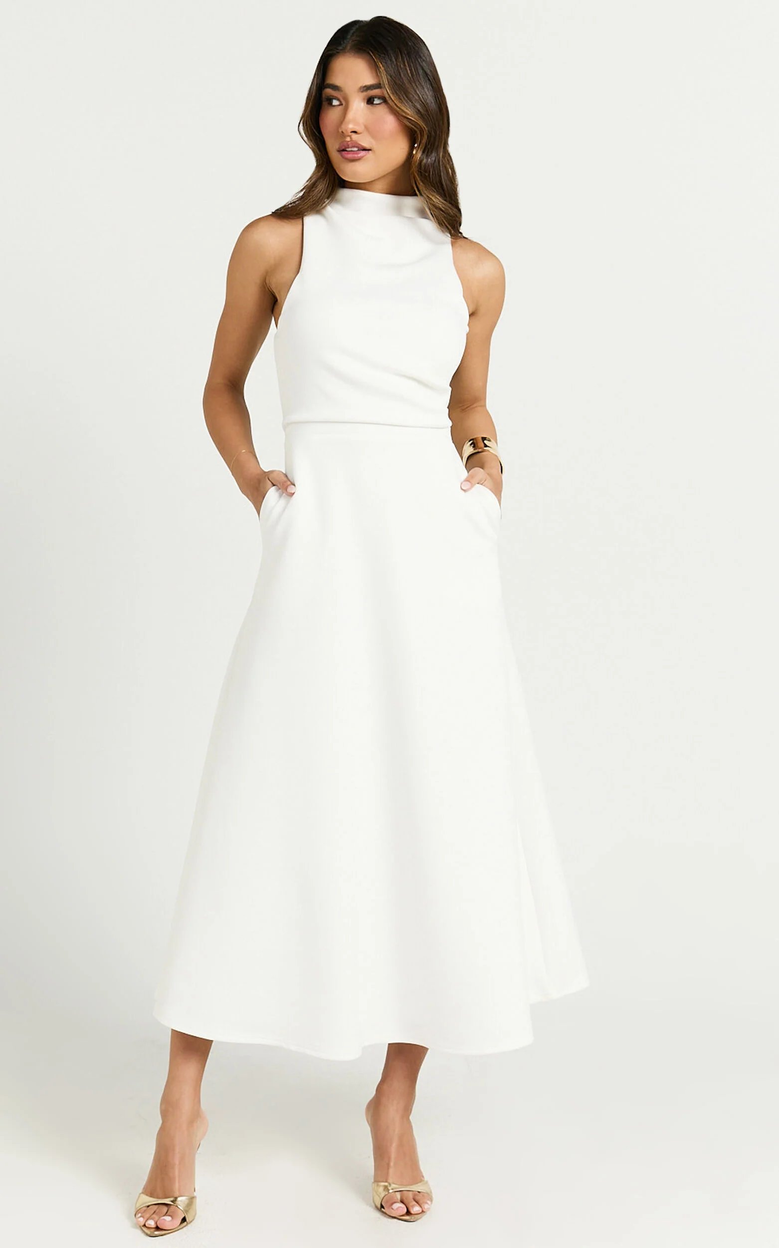 Macy Midi Dress - High Neck A Line Dress in Off White