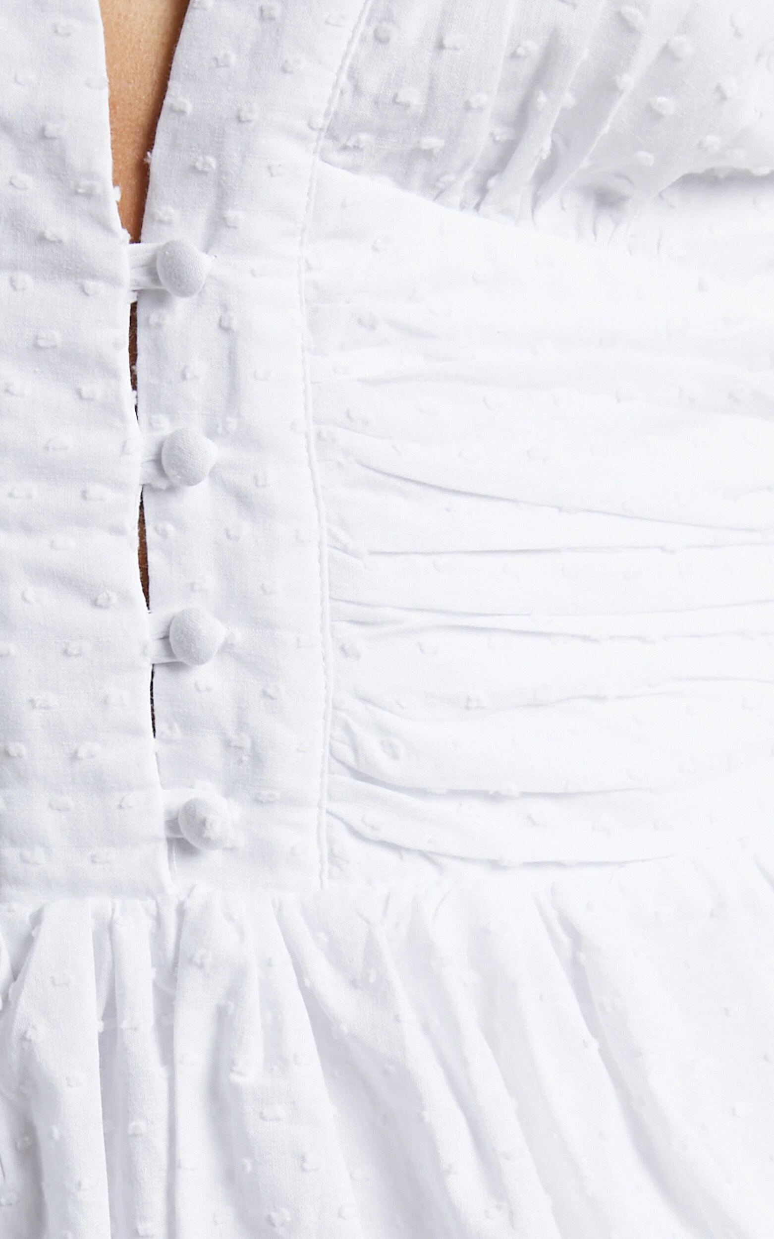 Suki Mini Dress - Plunge Neck Balloon Sleeve Tiered Ruffle Dress in White