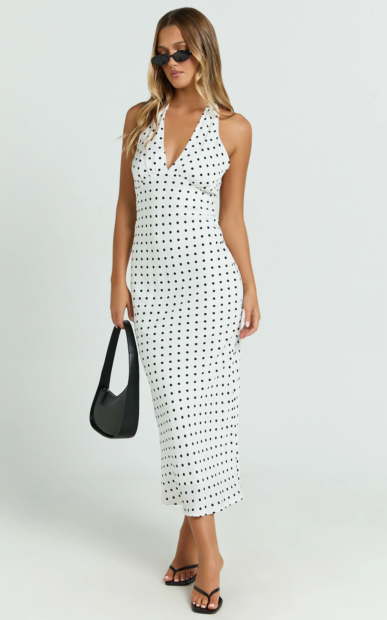 Grayson Midi Dress - Tie Halter Neck Slip Dress in White / Black