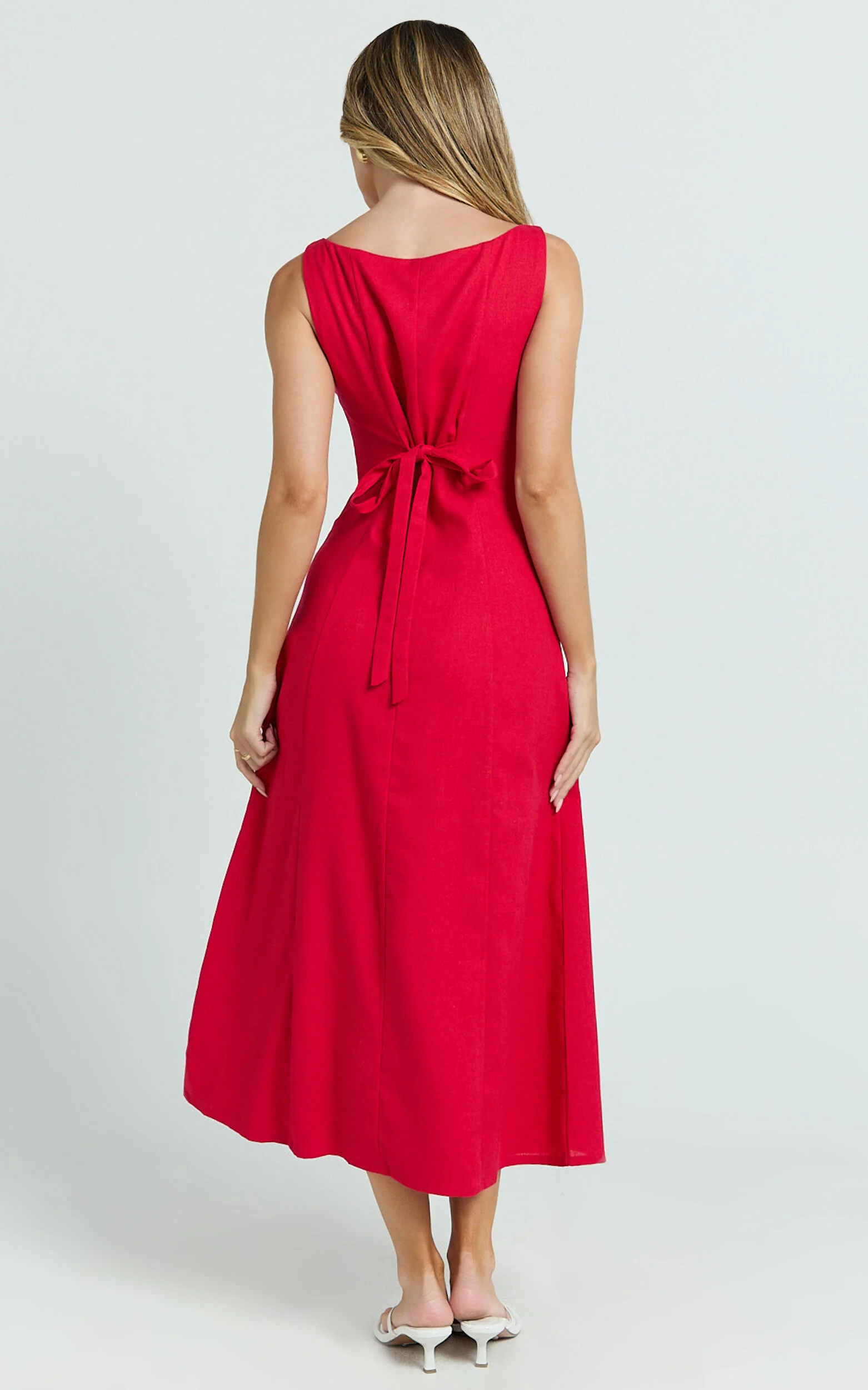 Cameron Midi Dress - Button Front Tie Back Dress in Red