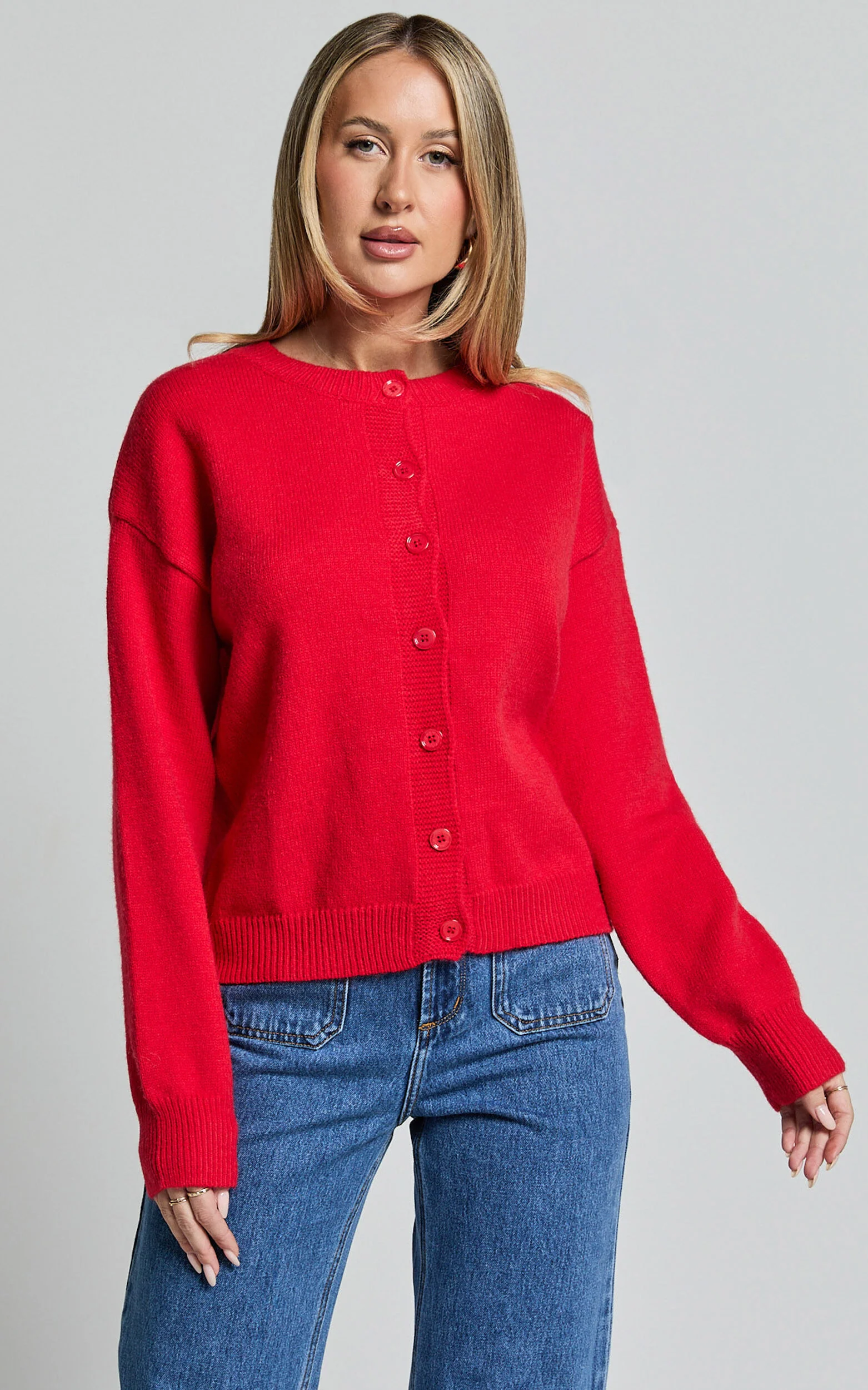 Lucille Cardigan - Button Through Scoop Neck Knit Cardigan in Red