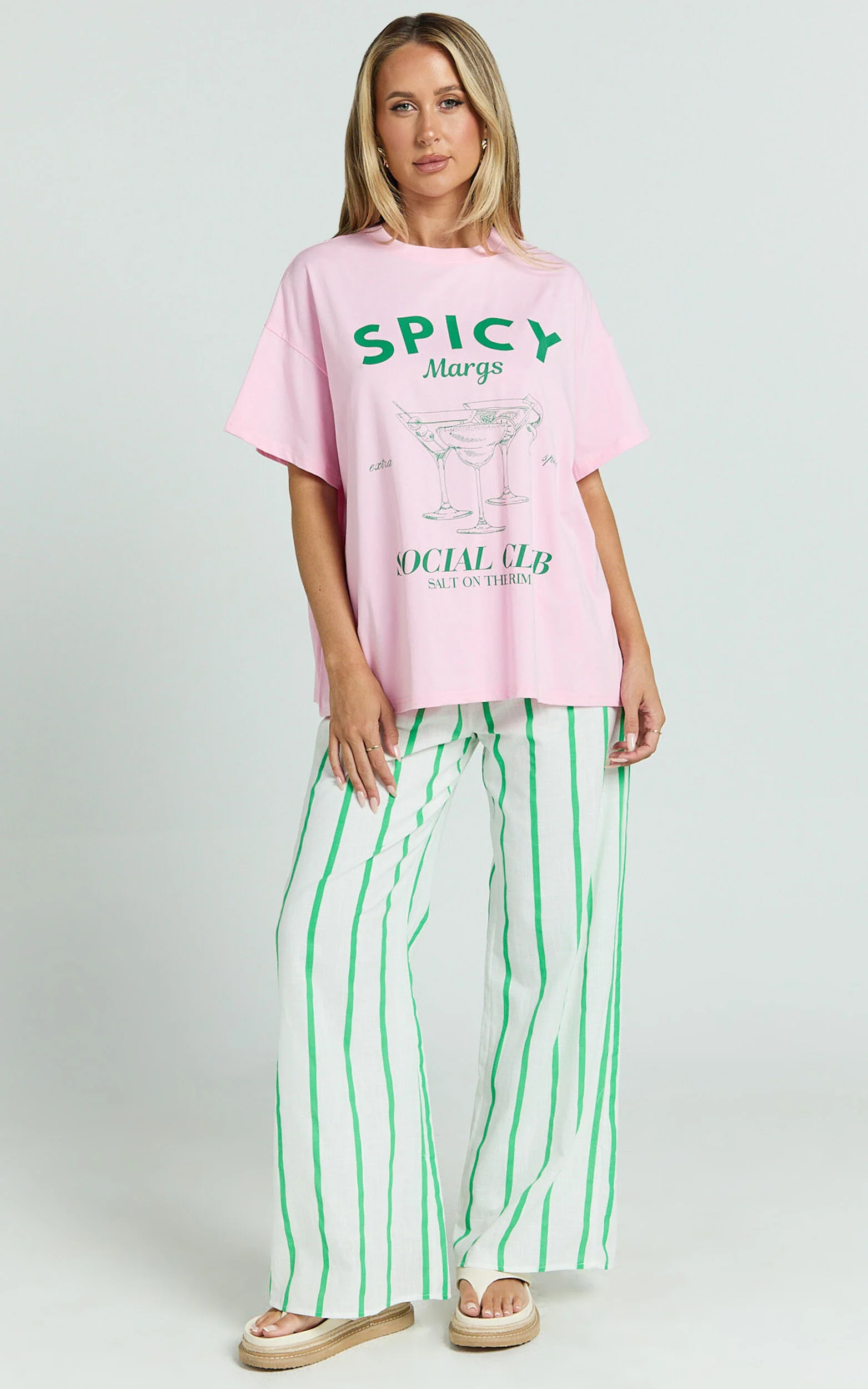 Albina Two Piece Set - Spicy Margs Club Tee and Striped Pant Set in Green
