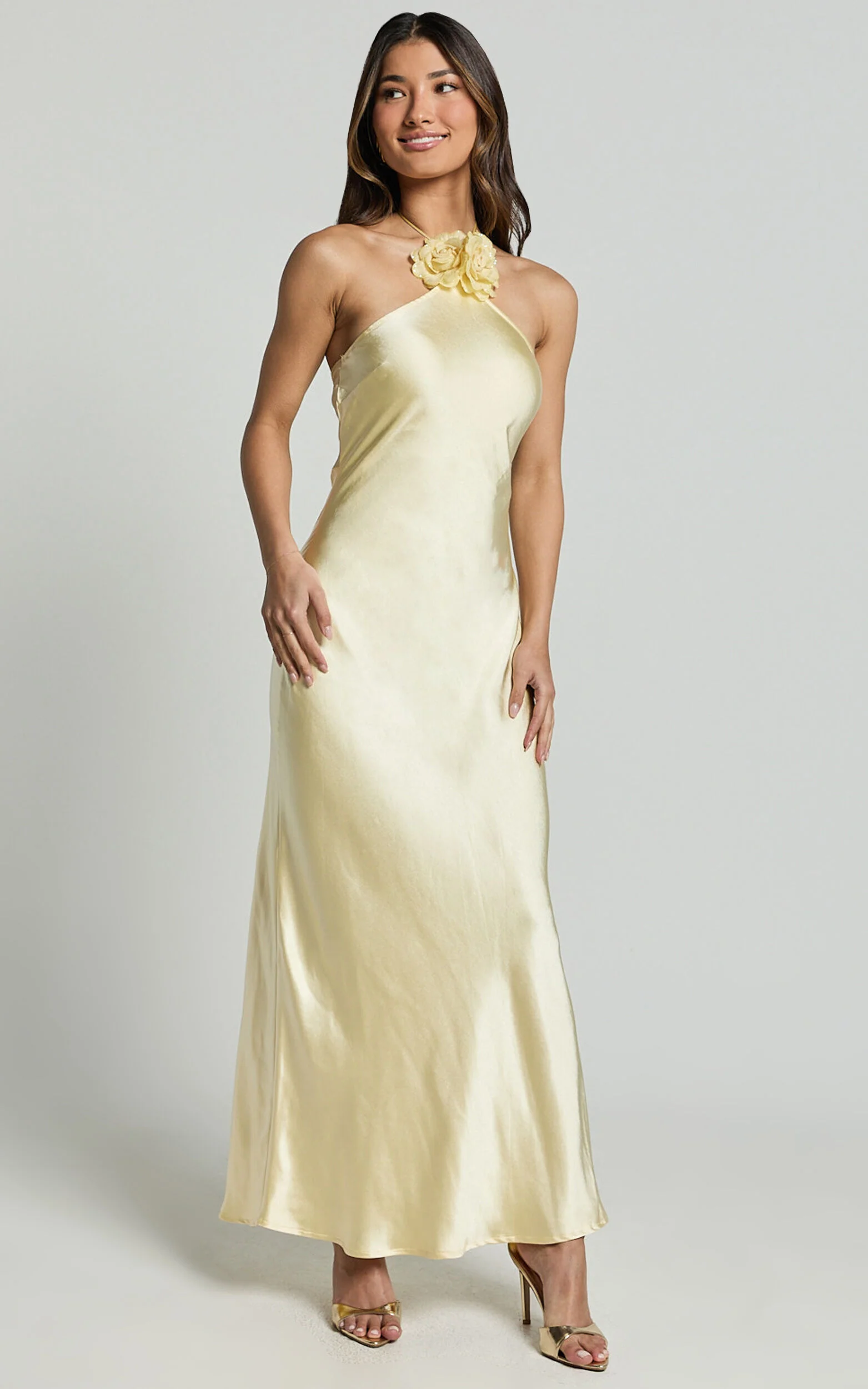 Keithy Midi Dress - Rosette Halter Neck Slip Dress in Lemon