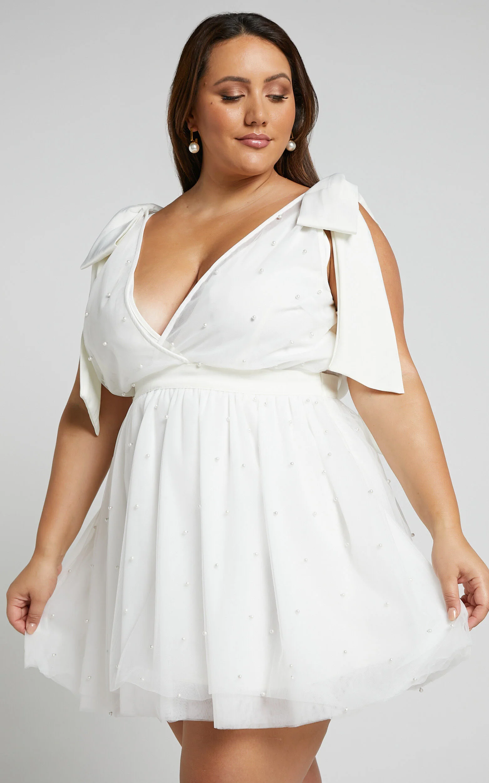 Karalyn Mini Dress - Bow Strap Plunge Pearl Detail Dress in White