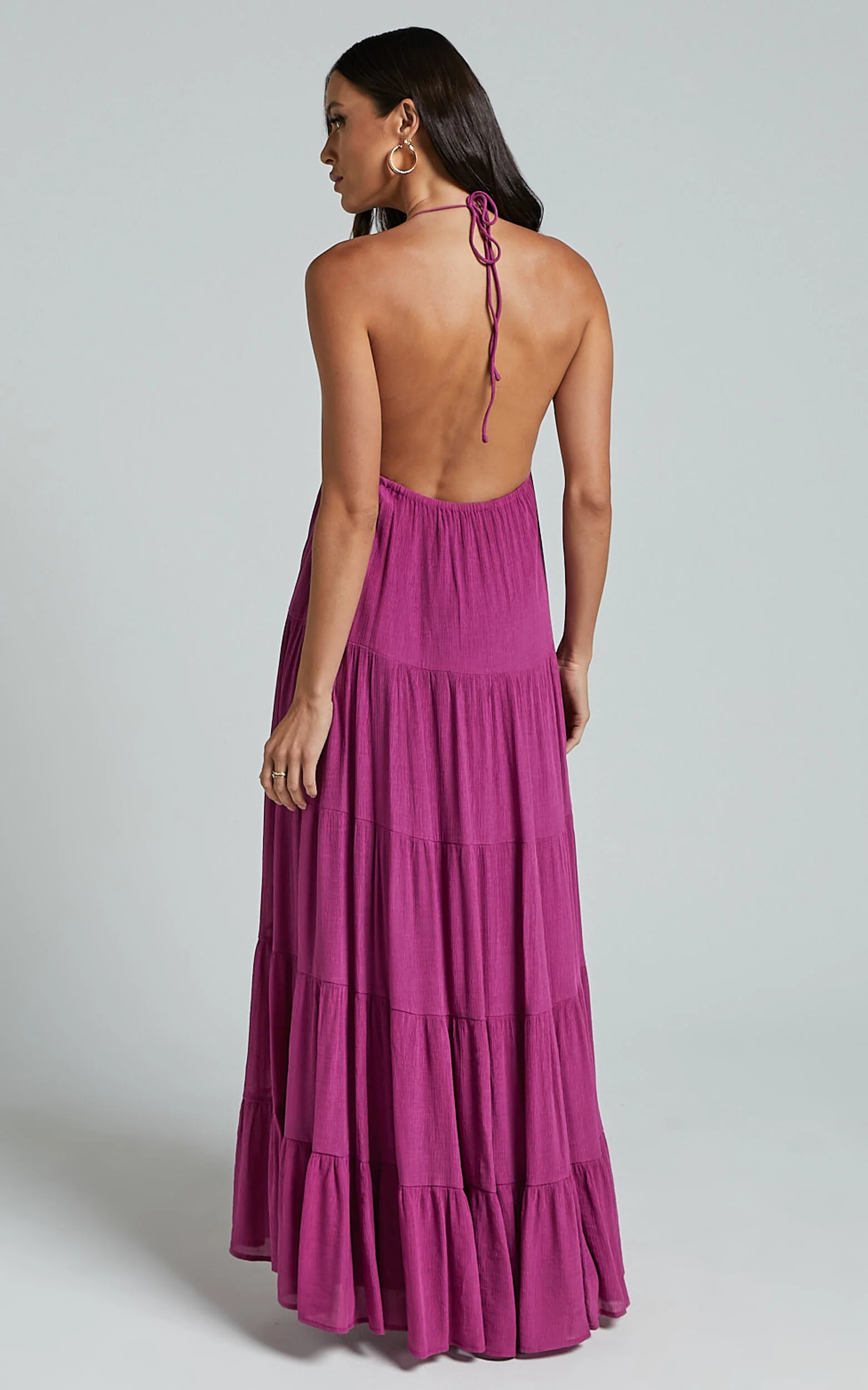 Claudia Maxi Dress - Halter Neck Low Back Empire Waist Tiered Dress in Magenta