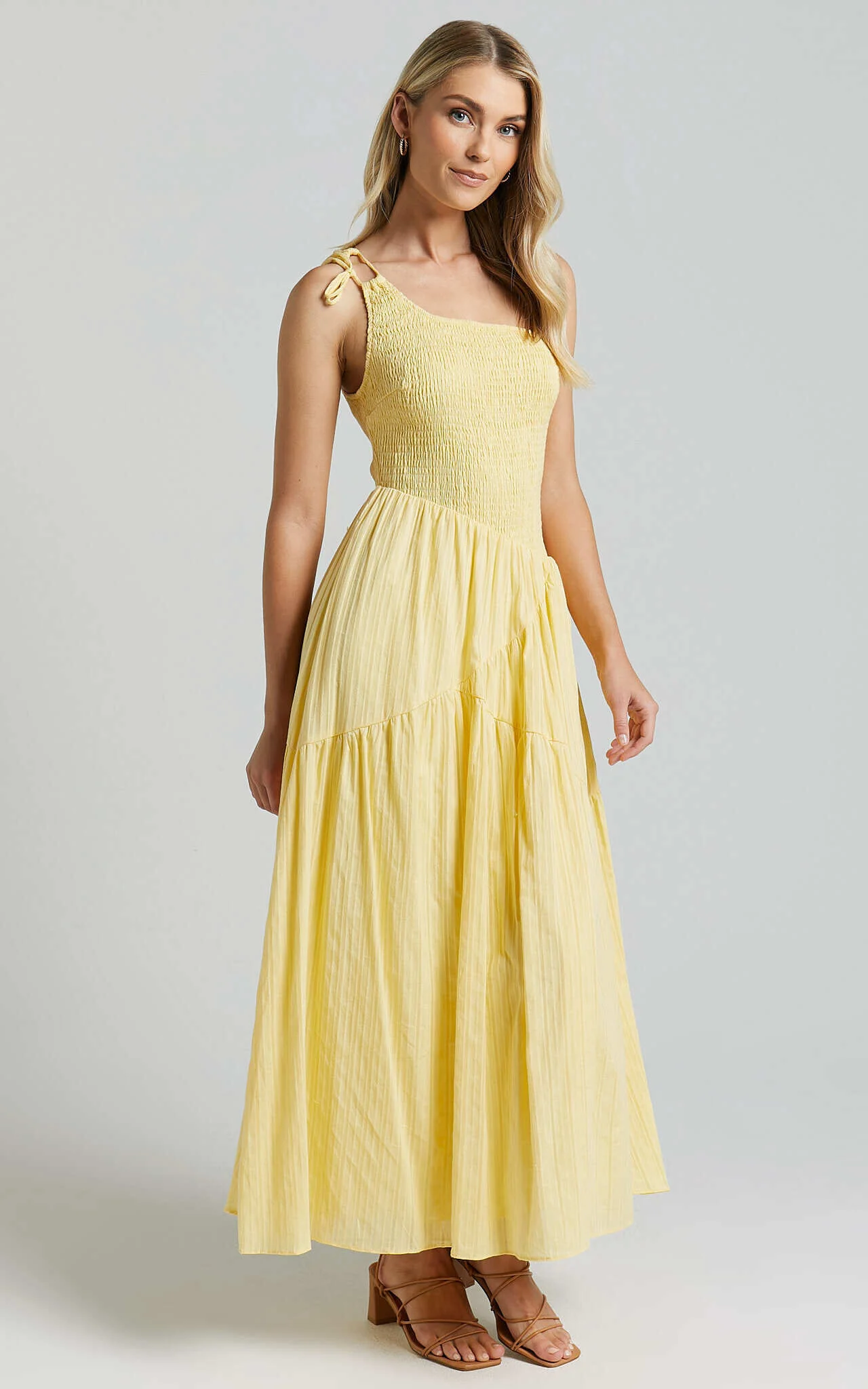 Zhibet Midi Dress - One Shoulder Tie Fit and Flare Dress in Yellow