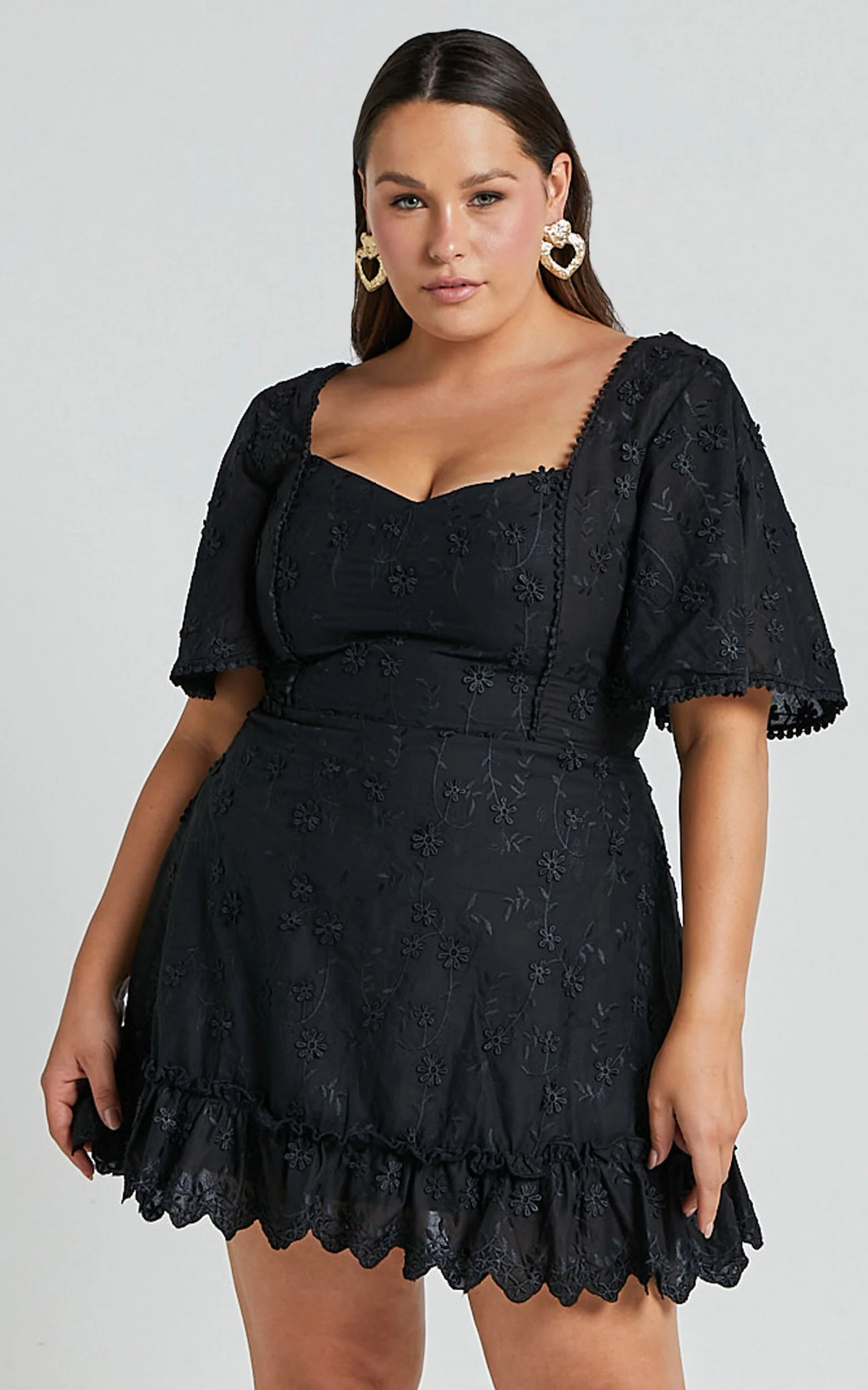 Fancy A Spritz Mini Dress - Square Neck Dress in Black Embroidery