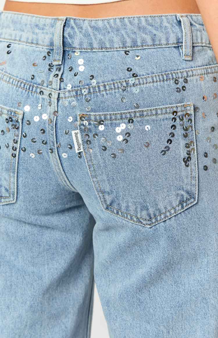 Clara Sequin Light Wash Denim Low Rise Jeans