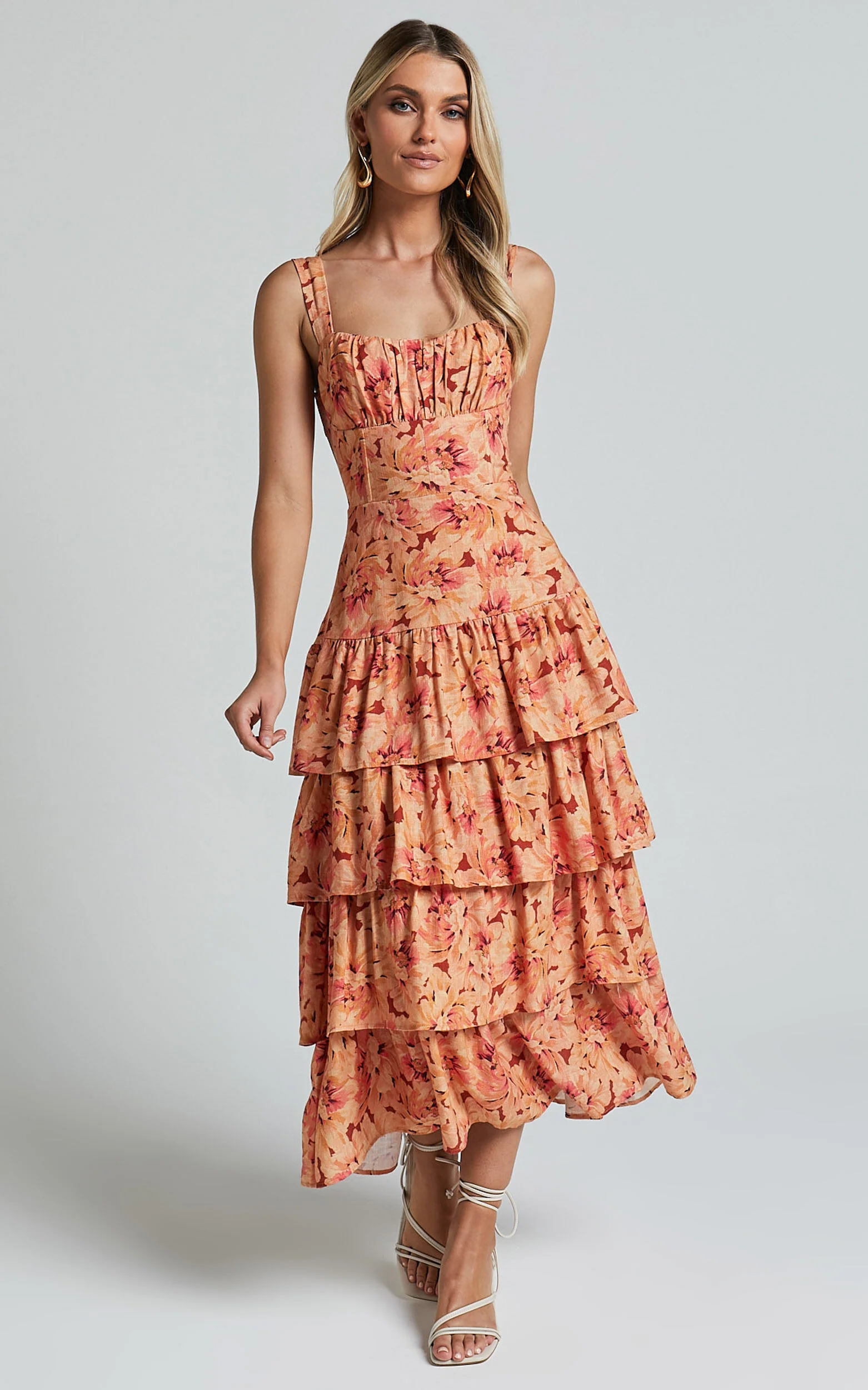Amalie The Label - Adela Linen Look Blend Tiered Midi Dress in Valencia Print
