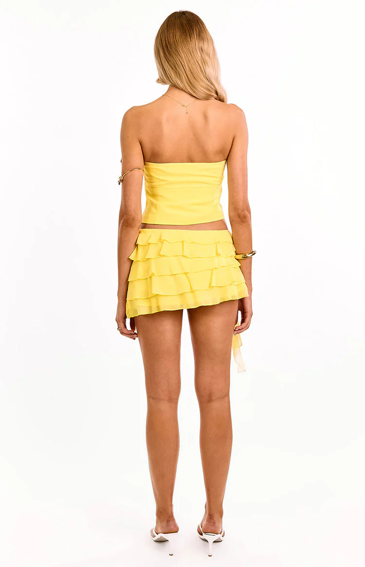 Cody Yellow Ruffle Hibiscus Trim Mini Skirt