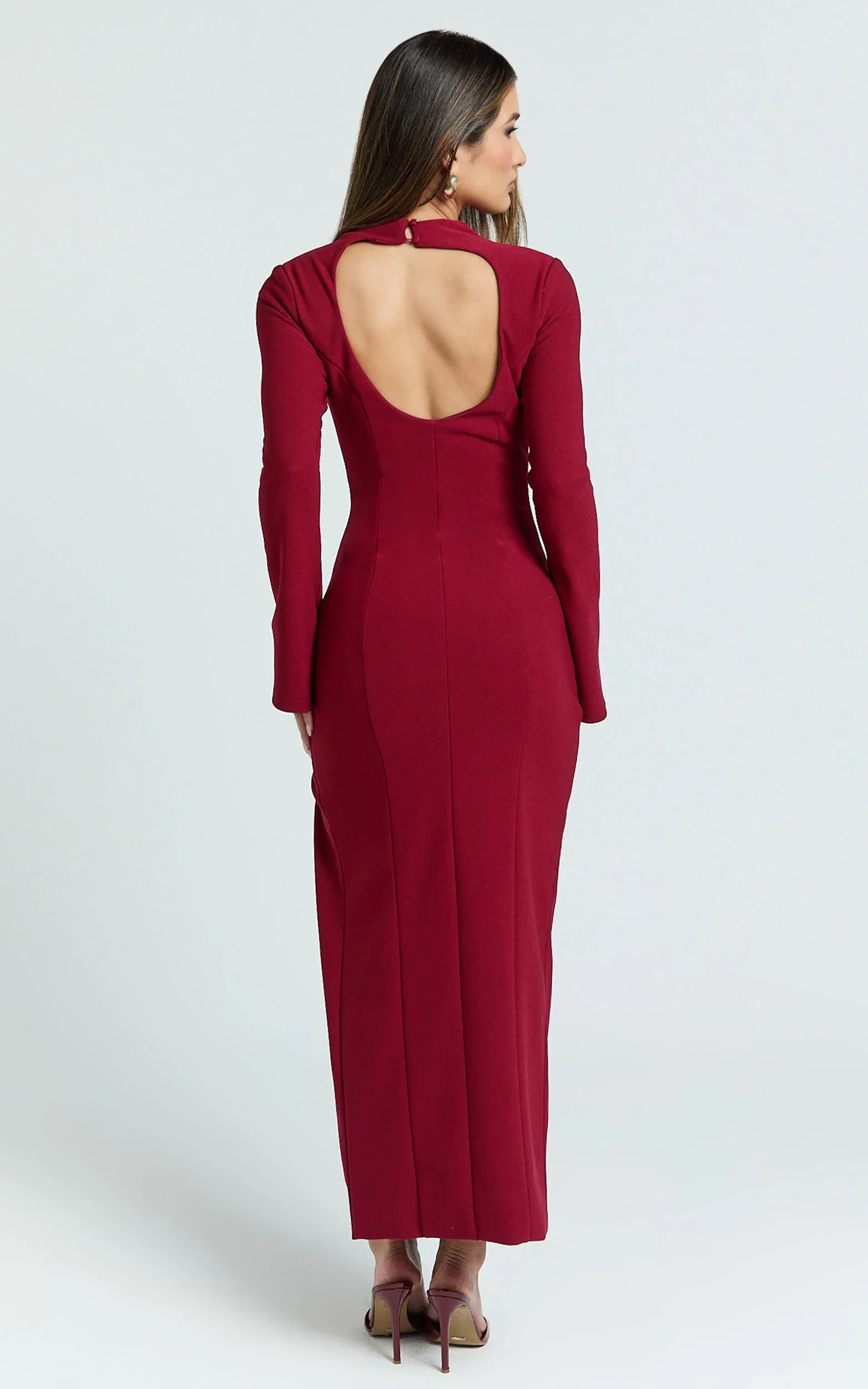 Finley Midi Dress - High Neck Long Sleeve Leg Split Bodycon Dress in Burgundy