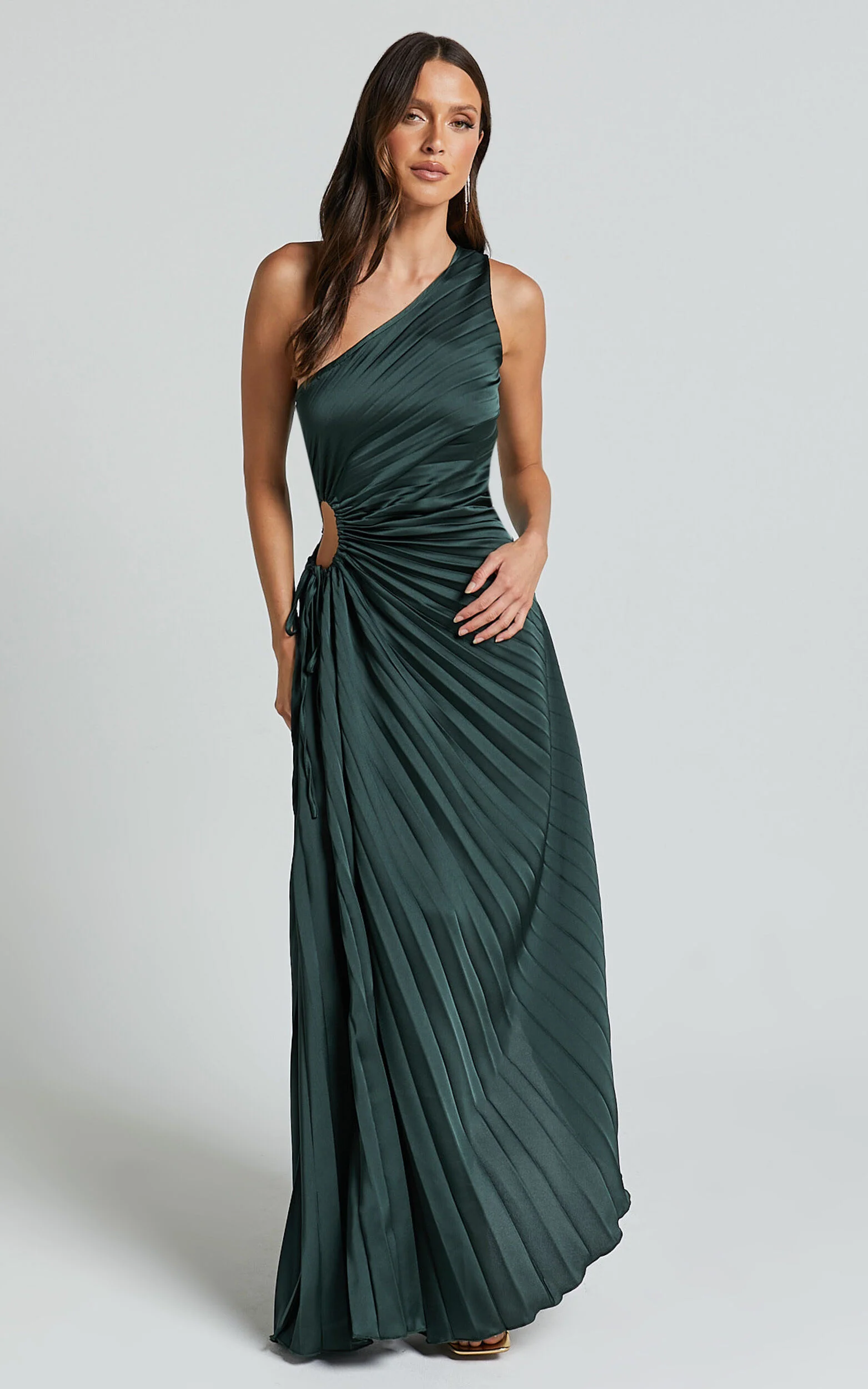 Kitsune Maxi Dress - One Shoulder Cut Out Dress in Emerald Green