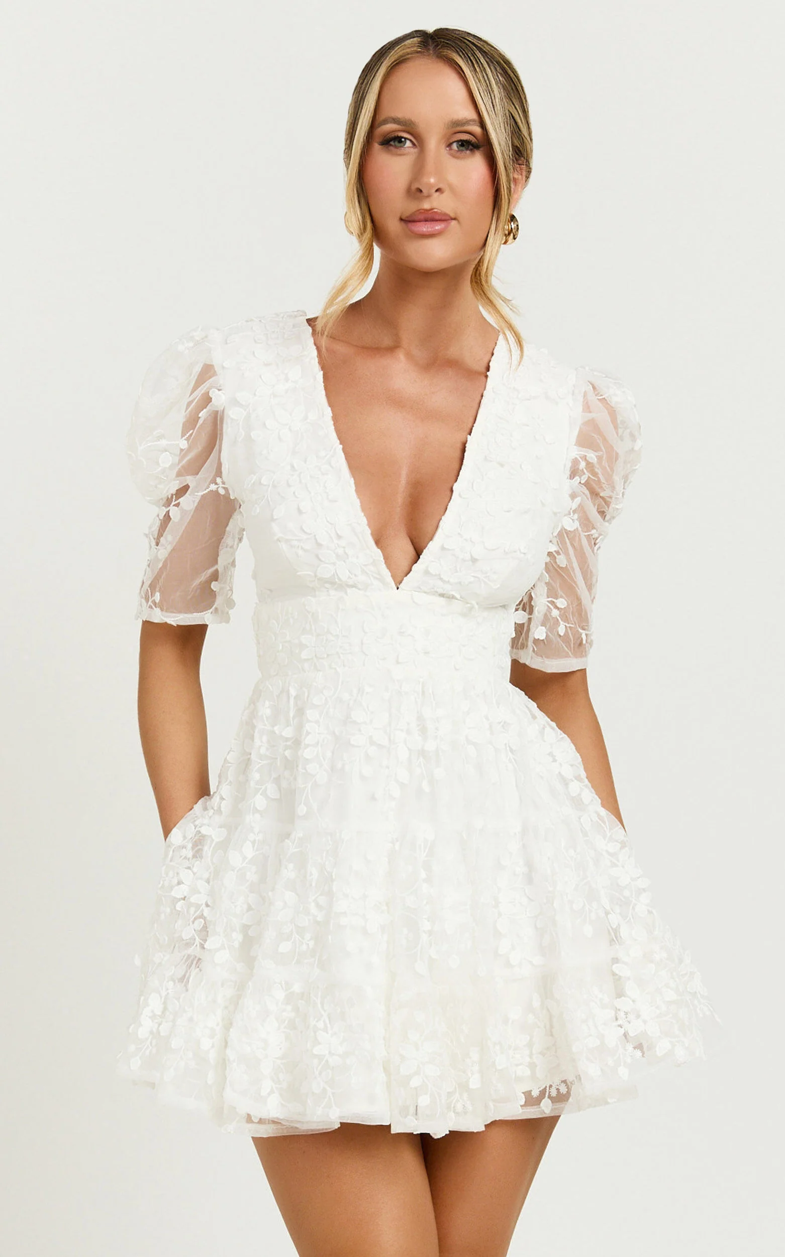 Pamela Mini Dress - Embroidered Plunge Tiered Dress in White