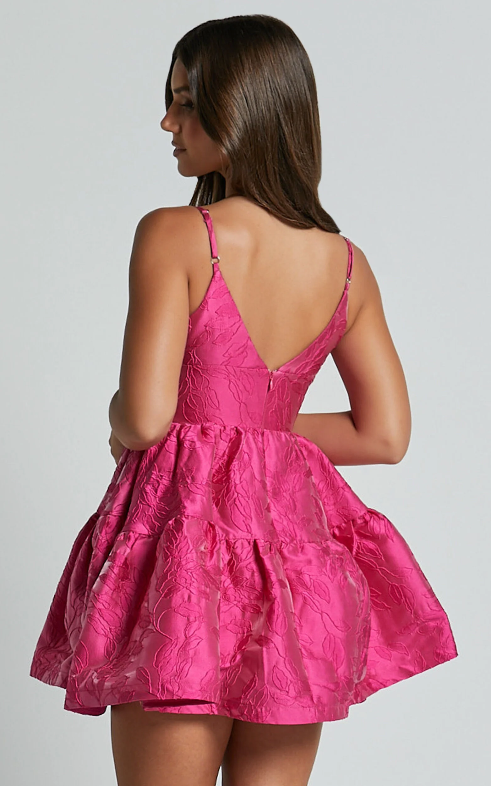 Britany Mini Dress - V Neck Tiered Strappy Tiered Fit and Flare Dress in Fuchsia