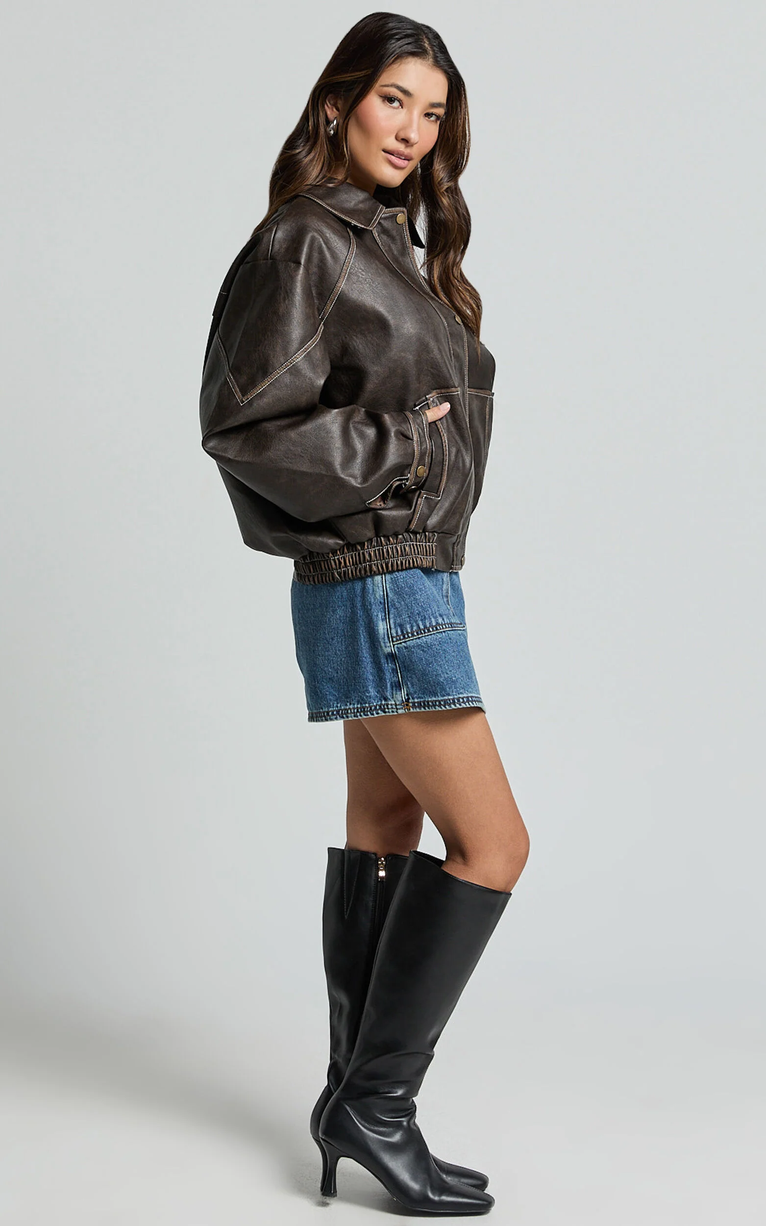 Gail Jacket - Faux Leather Bomber Jacket in Washed Brown