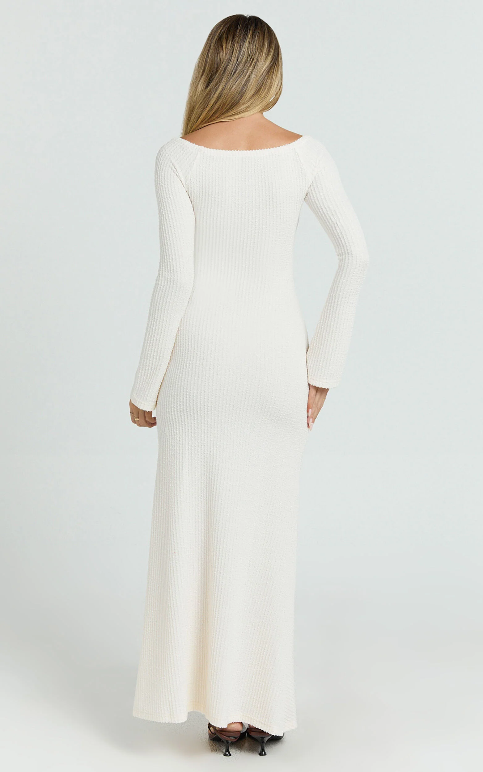 Ayla Maxi Dress - Off Shoulder Flared Sleeve Bodycon Dress in Off White