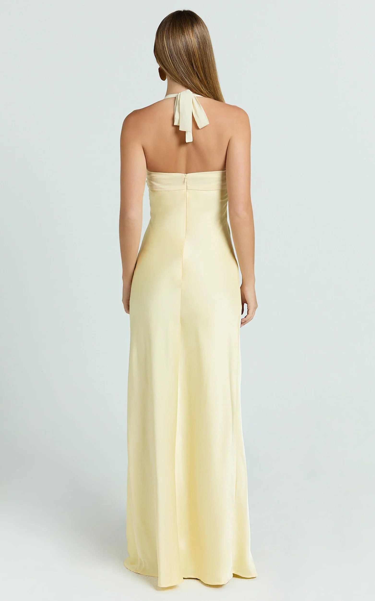 Flynn Maxi Dress - Satin Halter Sweetheart Neck Dress in Butter Yellow