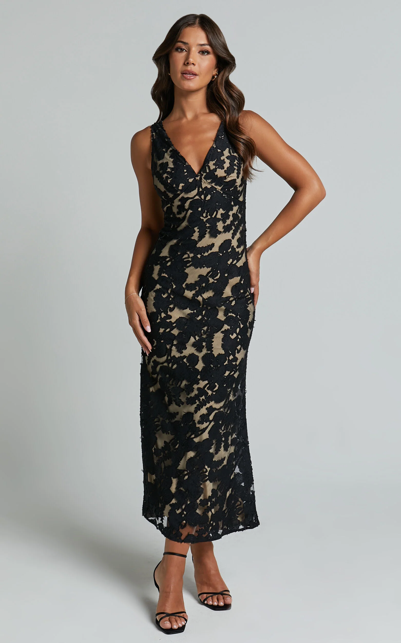 Zymae Midi Dress - Deep V Neck Lace Slip Dress in Black