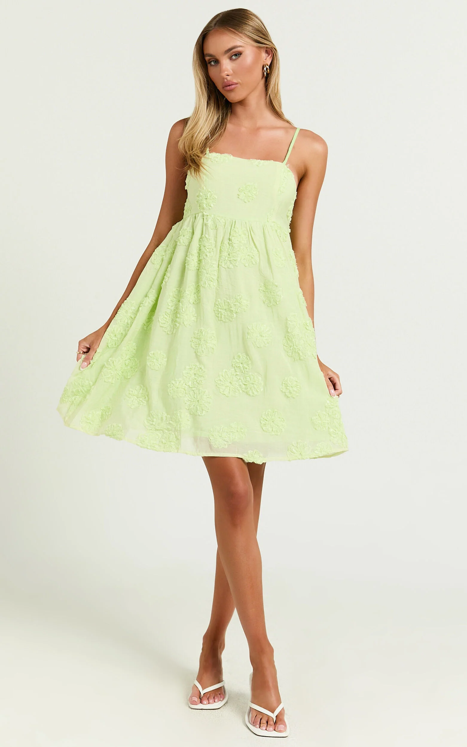 Claya Mini Dress - Sleeveless Straight Neckline Floral Detail Dress in Lime