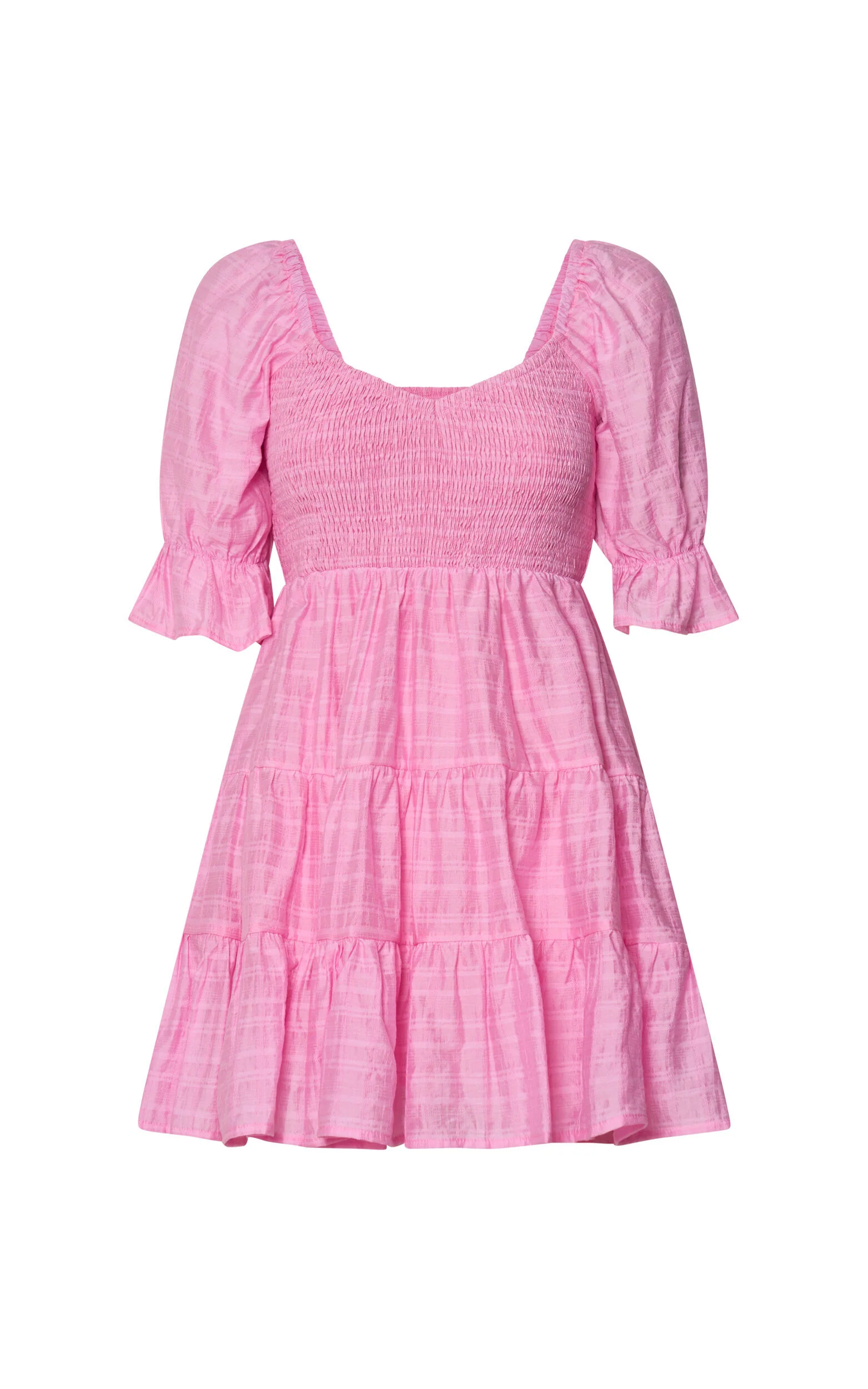 Britany Mini Dress - Shirred Puff Sleeve Tiered Dress in Pink
