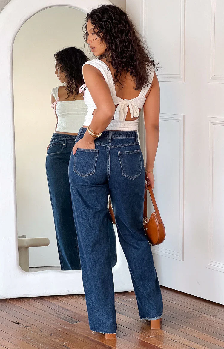 Kansis Dark Blue Uneven Waist Jeans