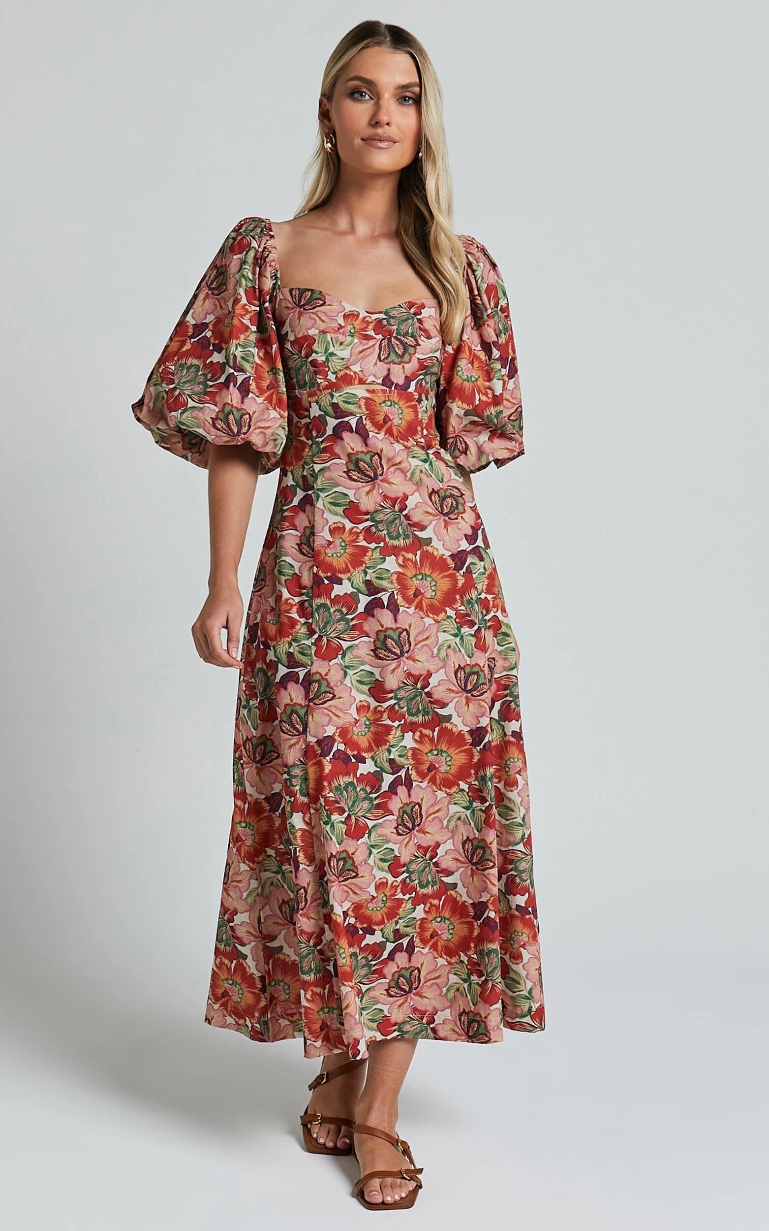Amalie The Label - Catalina Linen Blend Sweetheart Balloon Sleeve Midi Dress in Musee Print