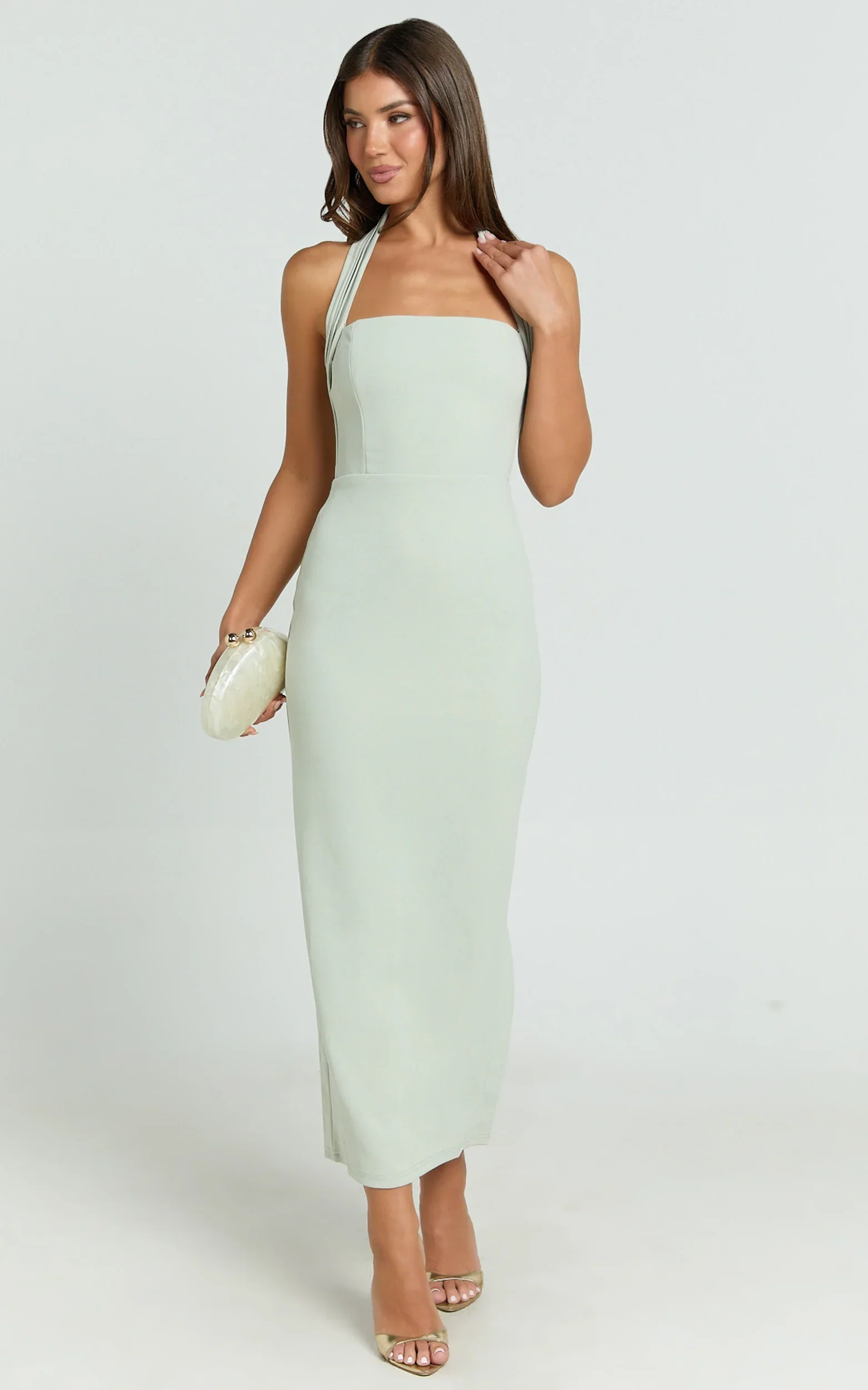Salome Midi Dress - Halter Neck Column Dress in Sage