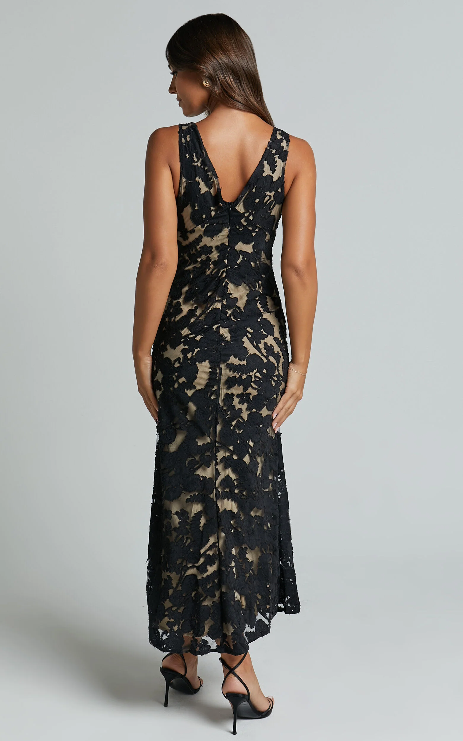 Zymae Midi Dress - Deep V Neck Lace Slip Dress in Black