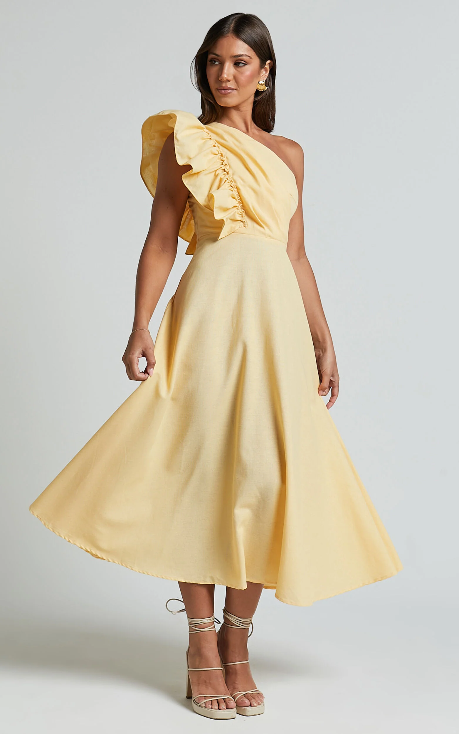 Dixie Midi Dress - Linen Look One Shoulder Ruffle Dress in Lemon