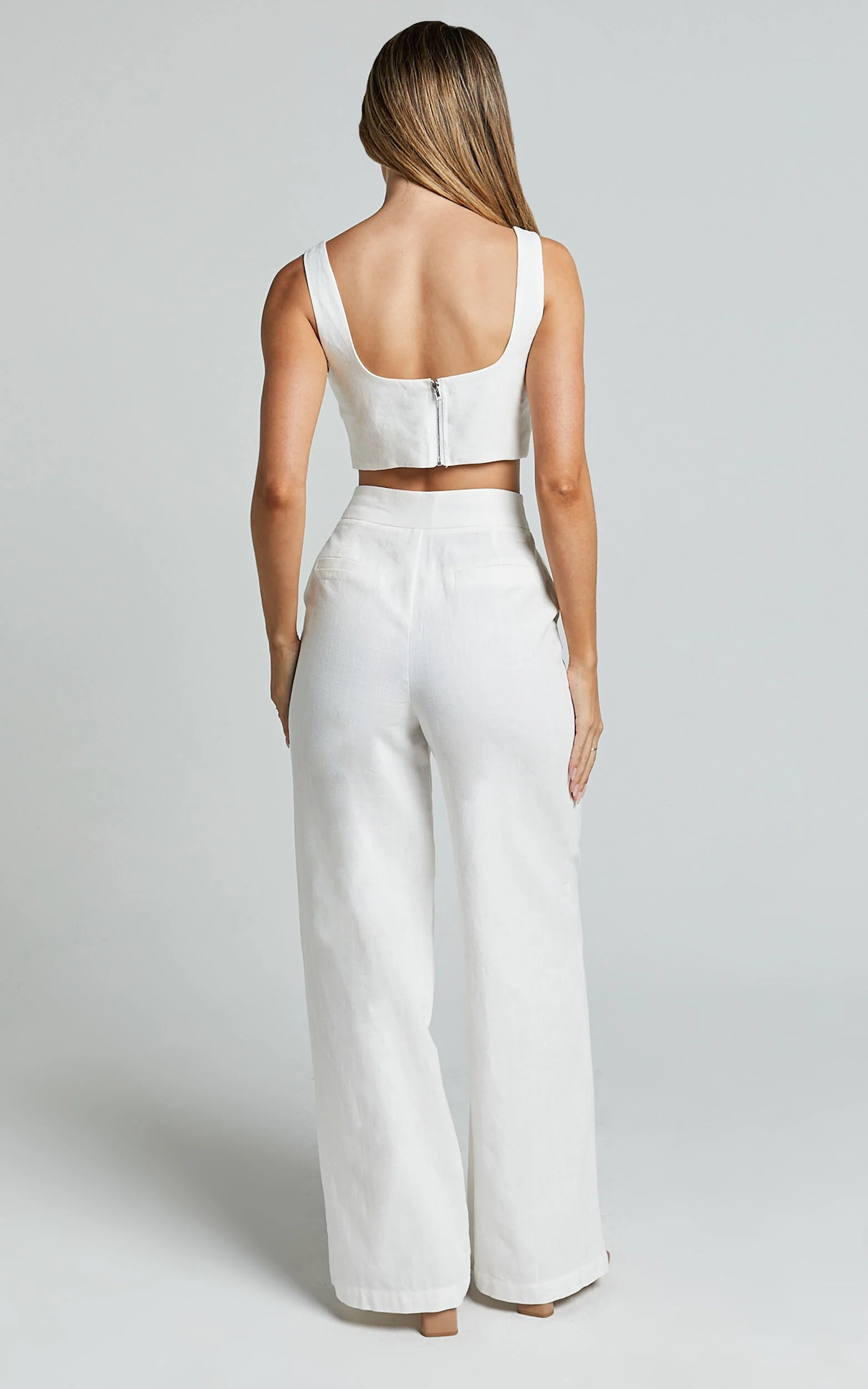 Kingston Two Piece Set - Twist Front Twill and Wide Leg Pants Set in White