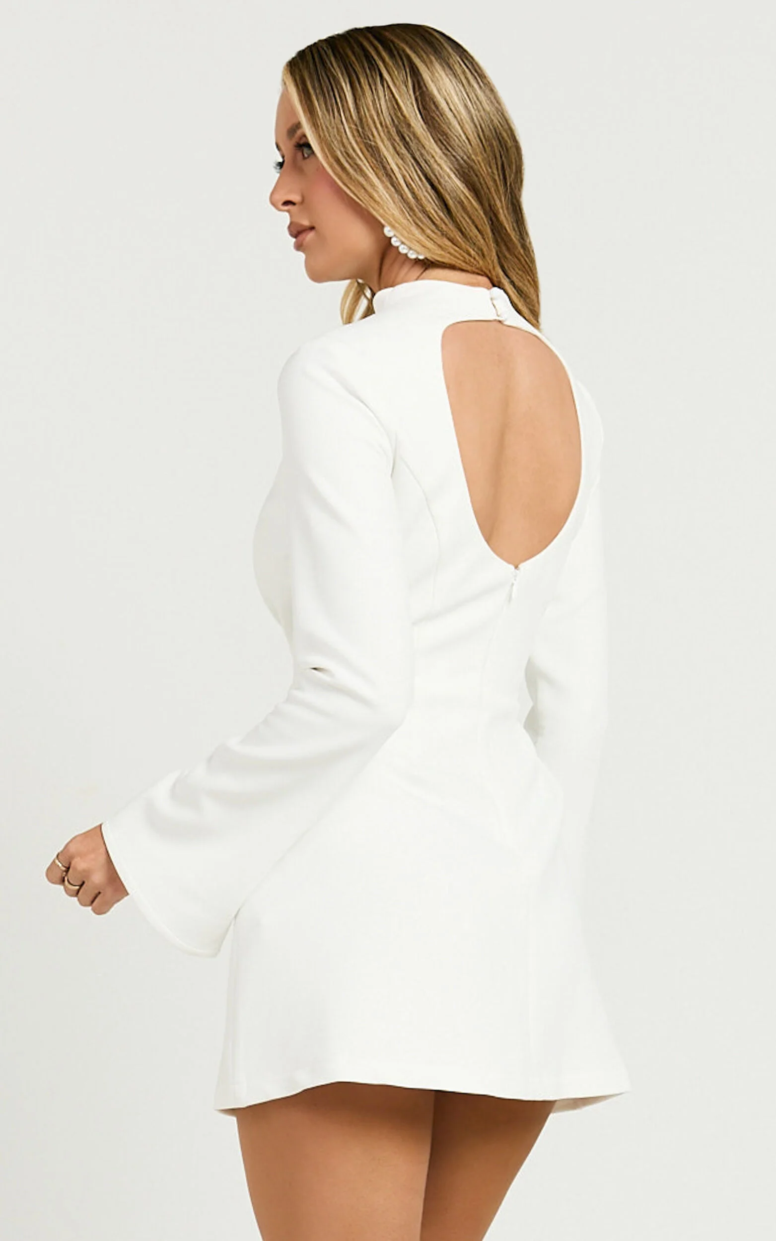 Carlson Mini Dress - High Neck Sleeve Cocoon Skirt Dress in White