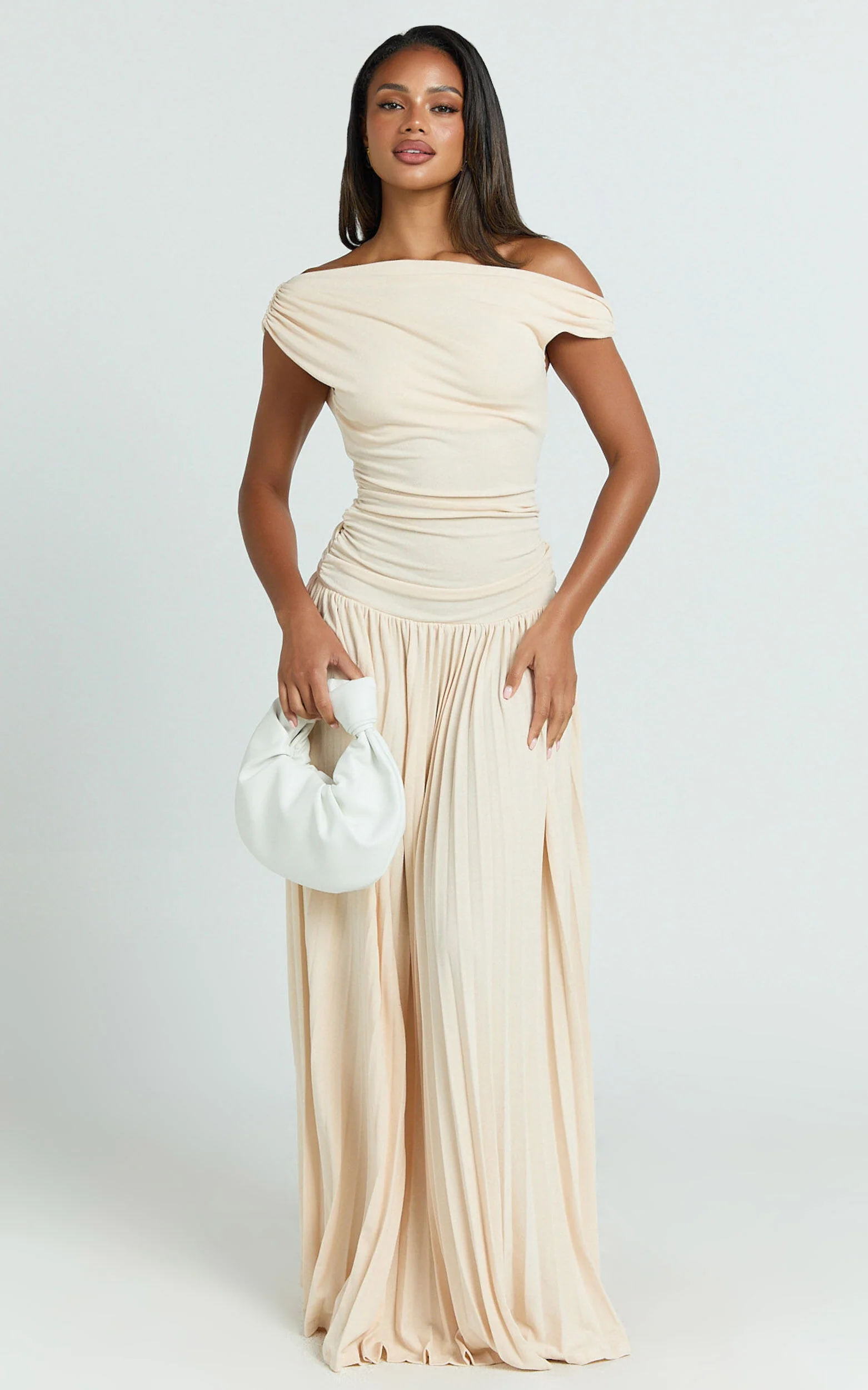Yvonne Maxi Dress - Jersey Tip Shoulder Ruched Dress in Off White