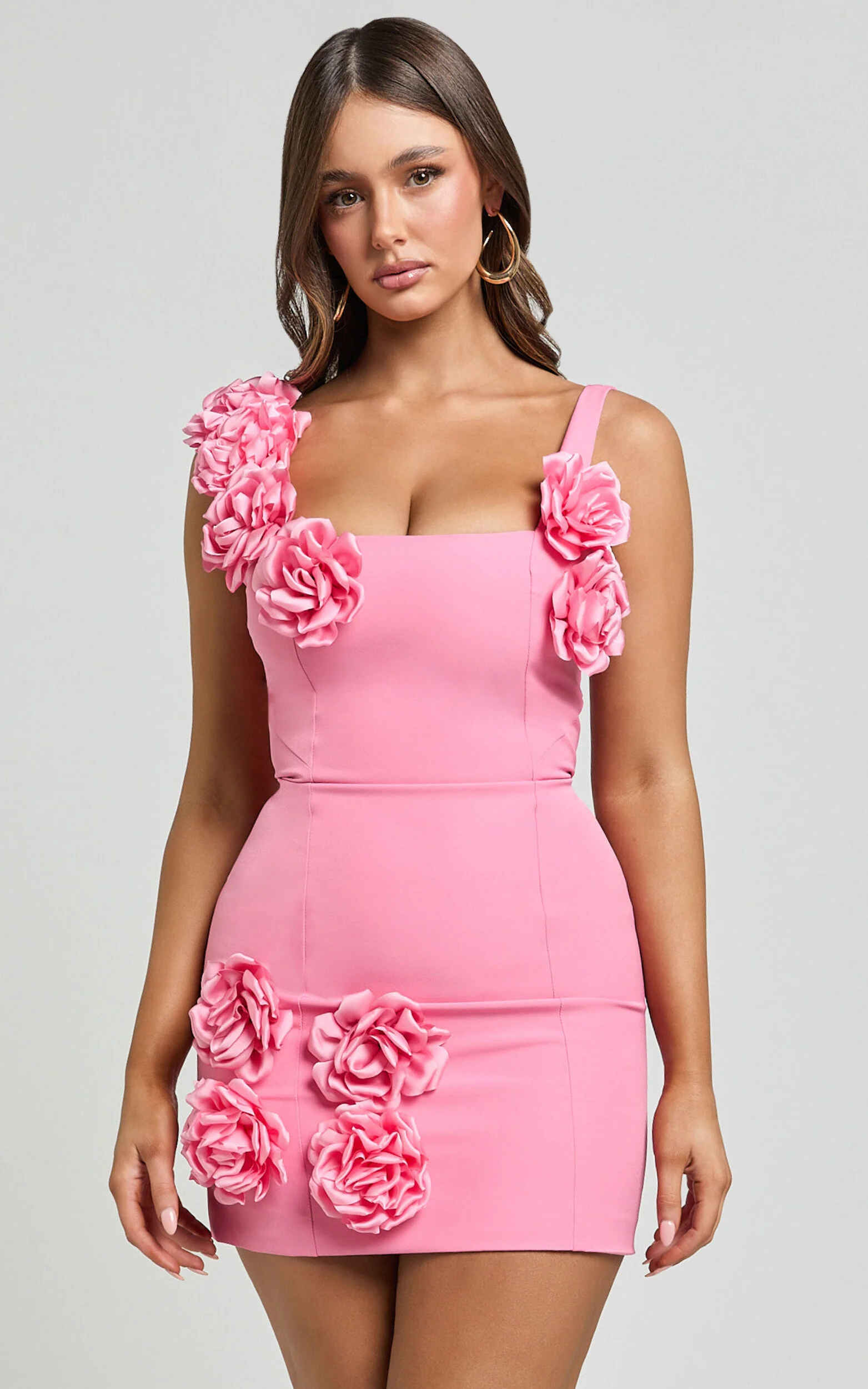Emmy Mini Dress - Rosette Detail Fitted Dress in Bubblegum Pink