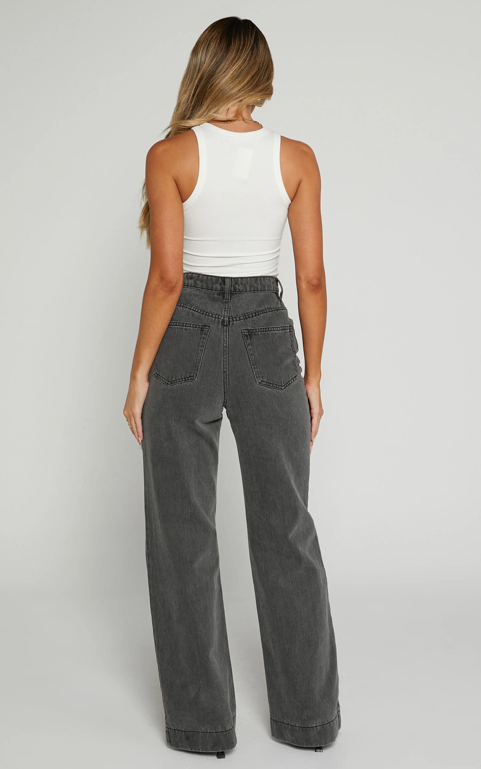 Emman Jeans - High Waisted Cotton Wide Leg Denim Jeans in Washed Black