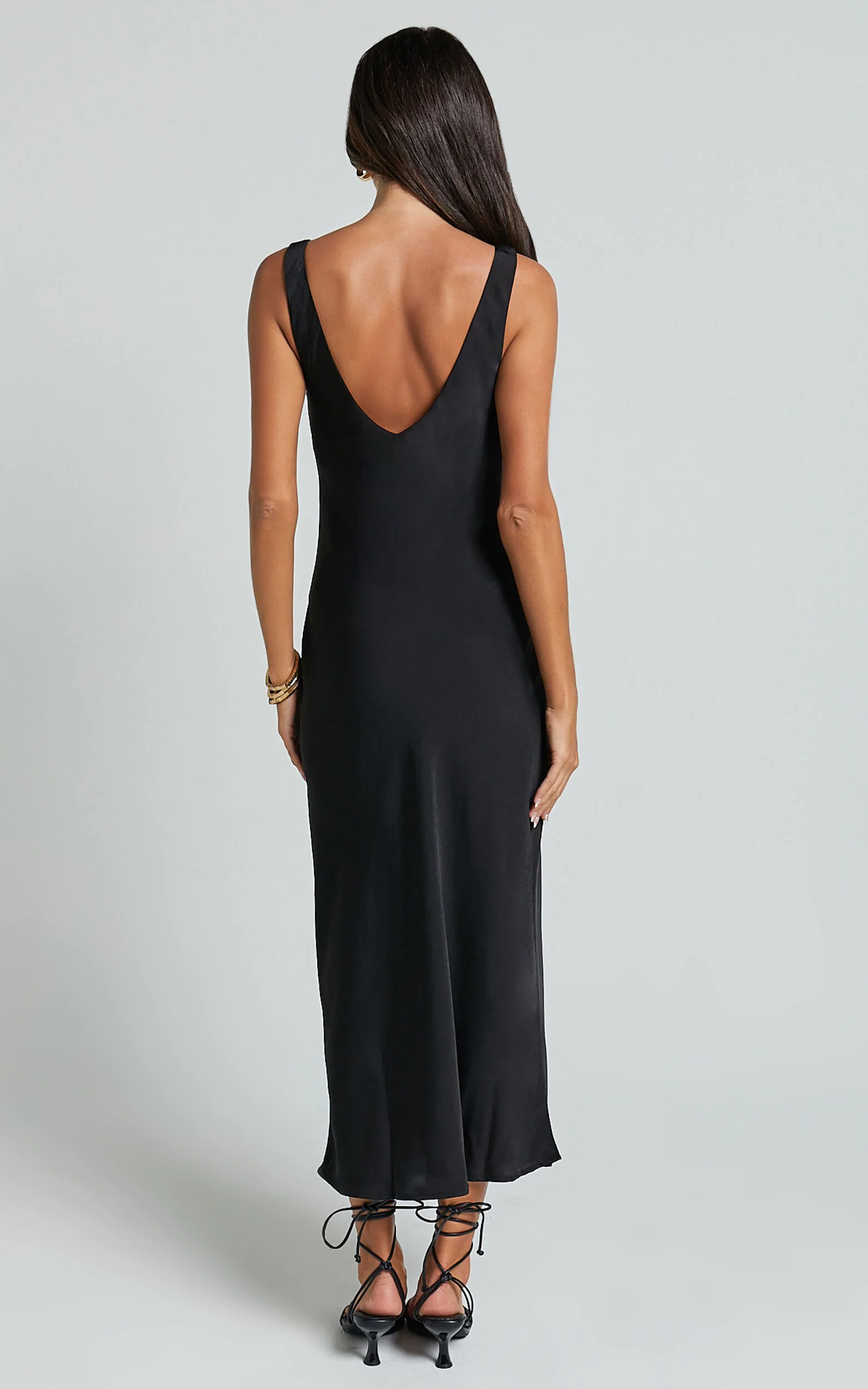 Julie Midi Dress - Scoop Neck Low Back Satin Slip Dress in Black