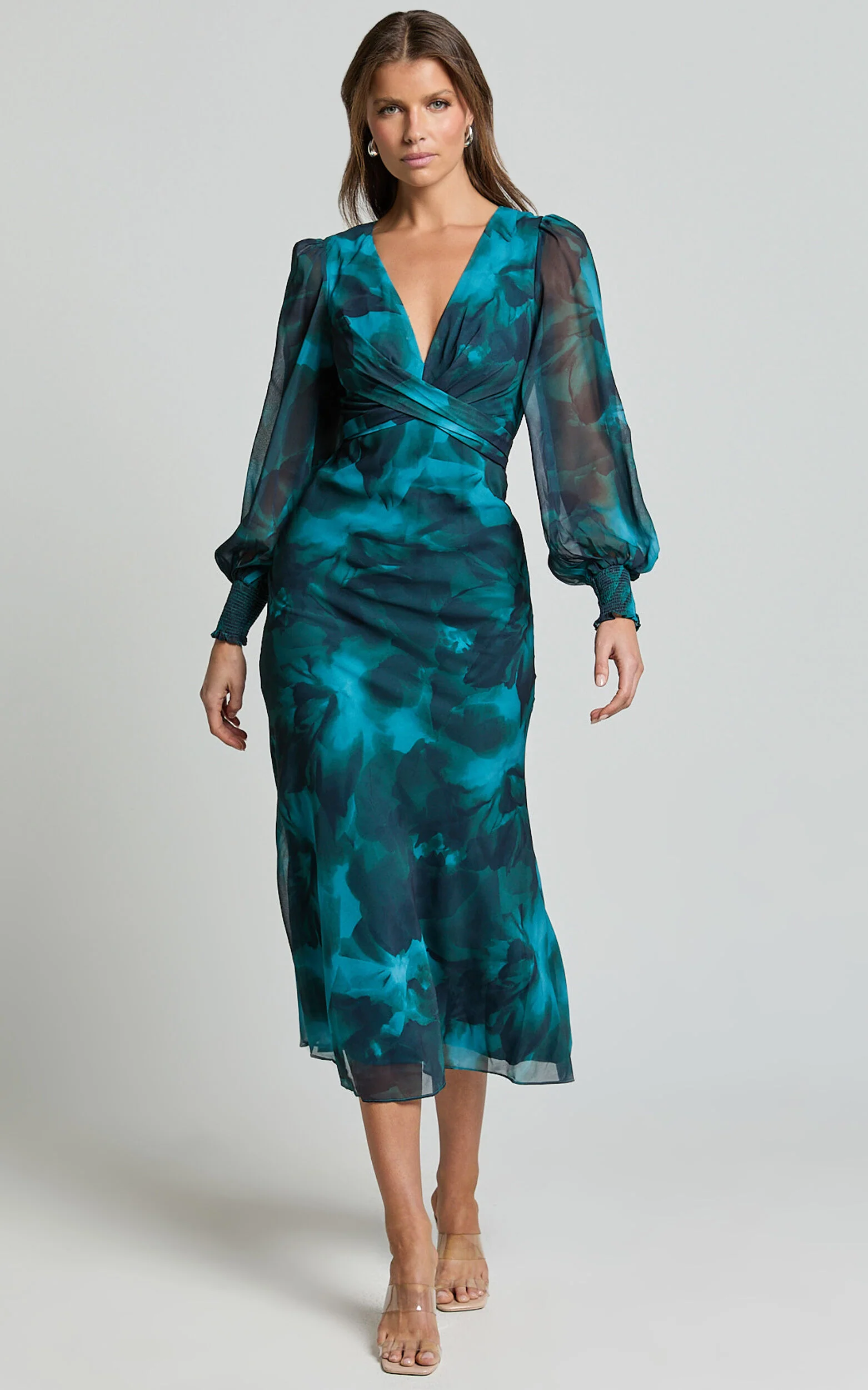 Artelia Midi Dress - V Neck Long Sleeve Slip Dress in Emerald